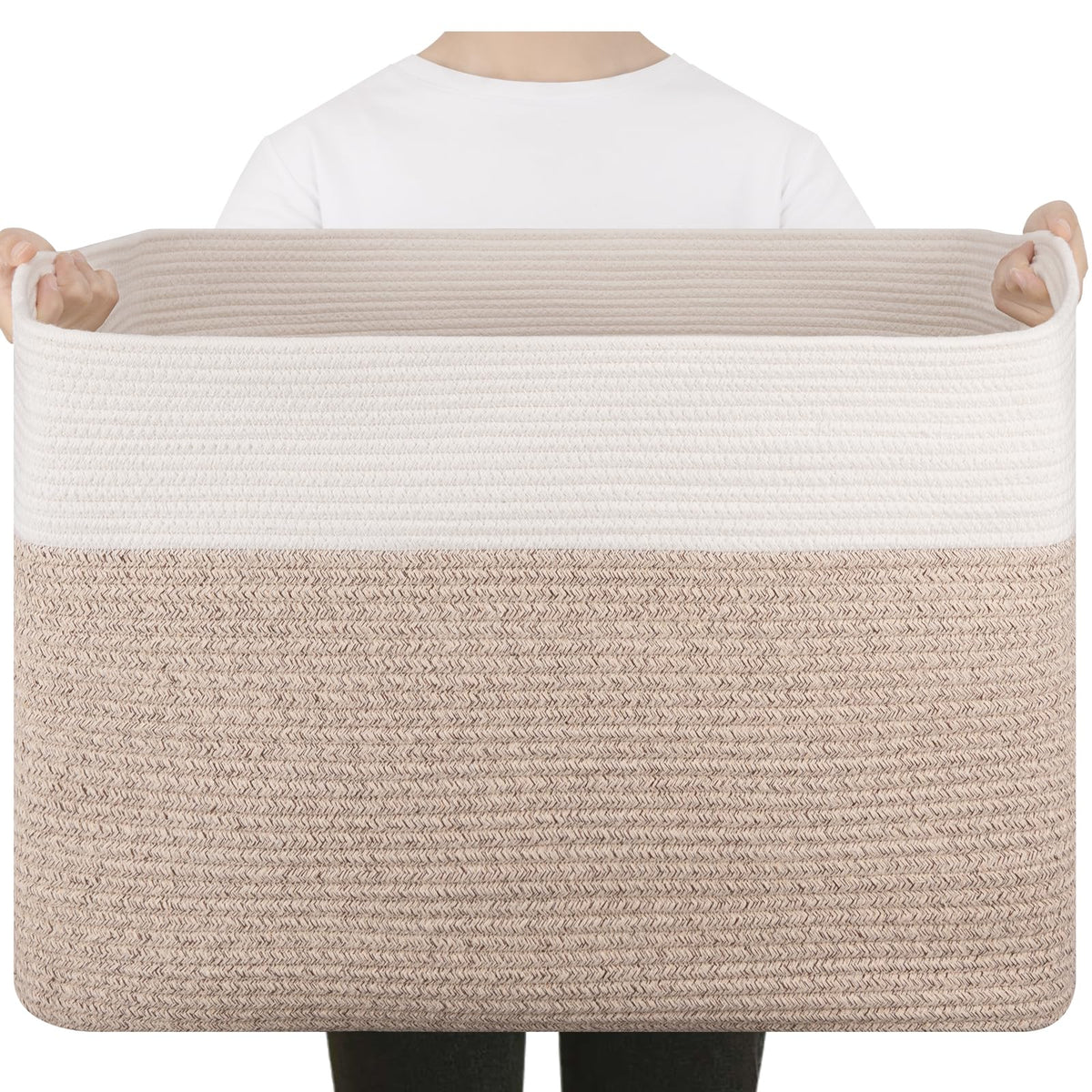 75L Large Cotton Rope Basket, Soft Toy Storage Bin for Nursery & Living Room, Decorative Blanket Basket for Bedroom, Baby-Safe Organizer for Pillows &Laundry, 22''×17''×12'', Brown and White