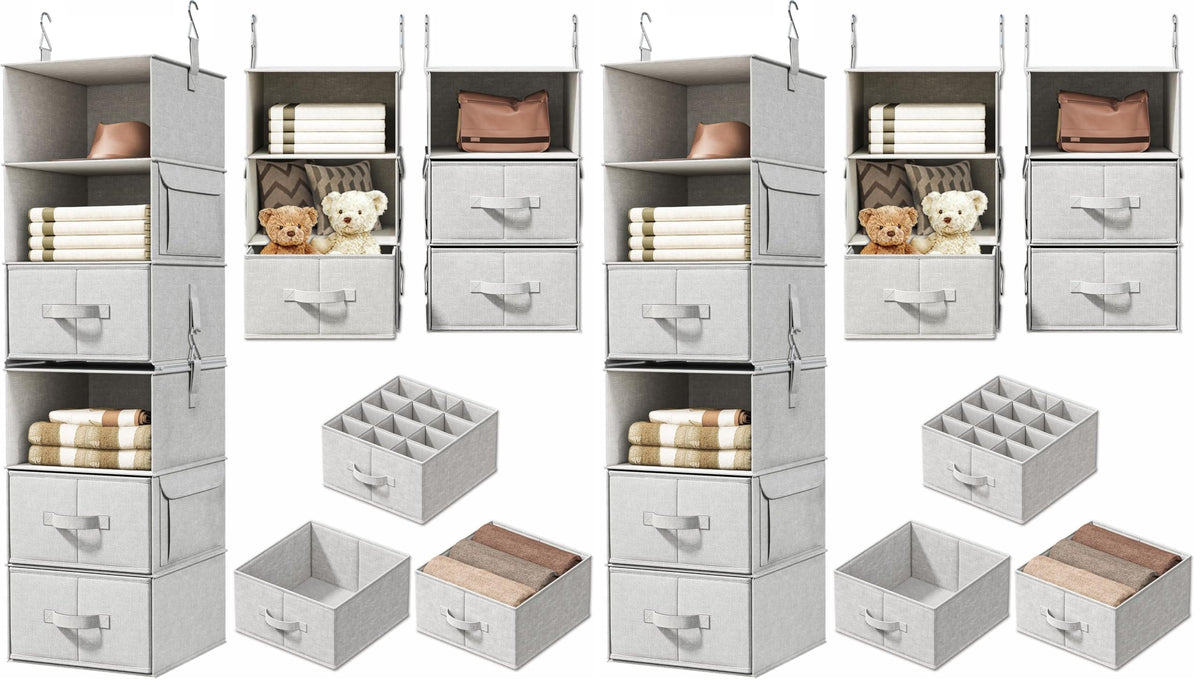 6-Shelf Hanging Closet Organizer with 3 Drawers, 2-in-1 Design, Beige