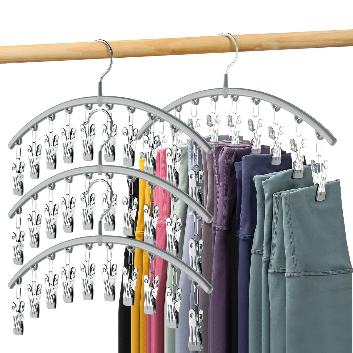 Volnamal Legging Organizer for Closet, Metal Yoga Pants Hanger w/Rubber Coated 2 Pack w/10 Clips Hold 20 Leggings, Hangers Space Saving Hanging Closet Organizer for Closet Organizers and Storage-Grey