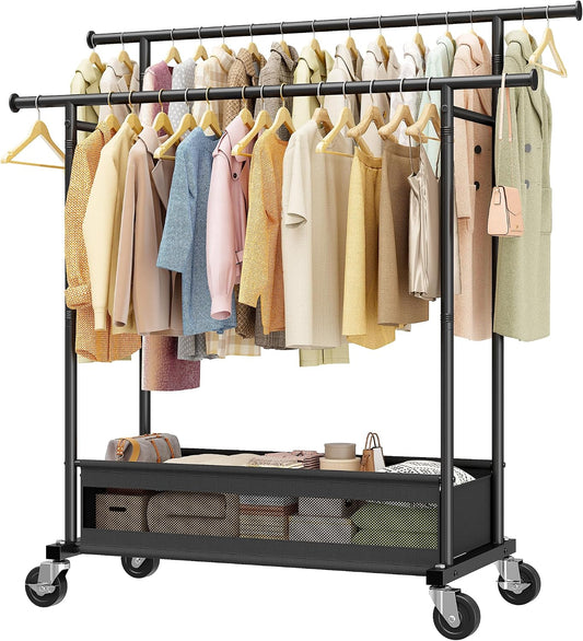 Clothes Rack 210 LBS Double Rods Extra Storage Basket