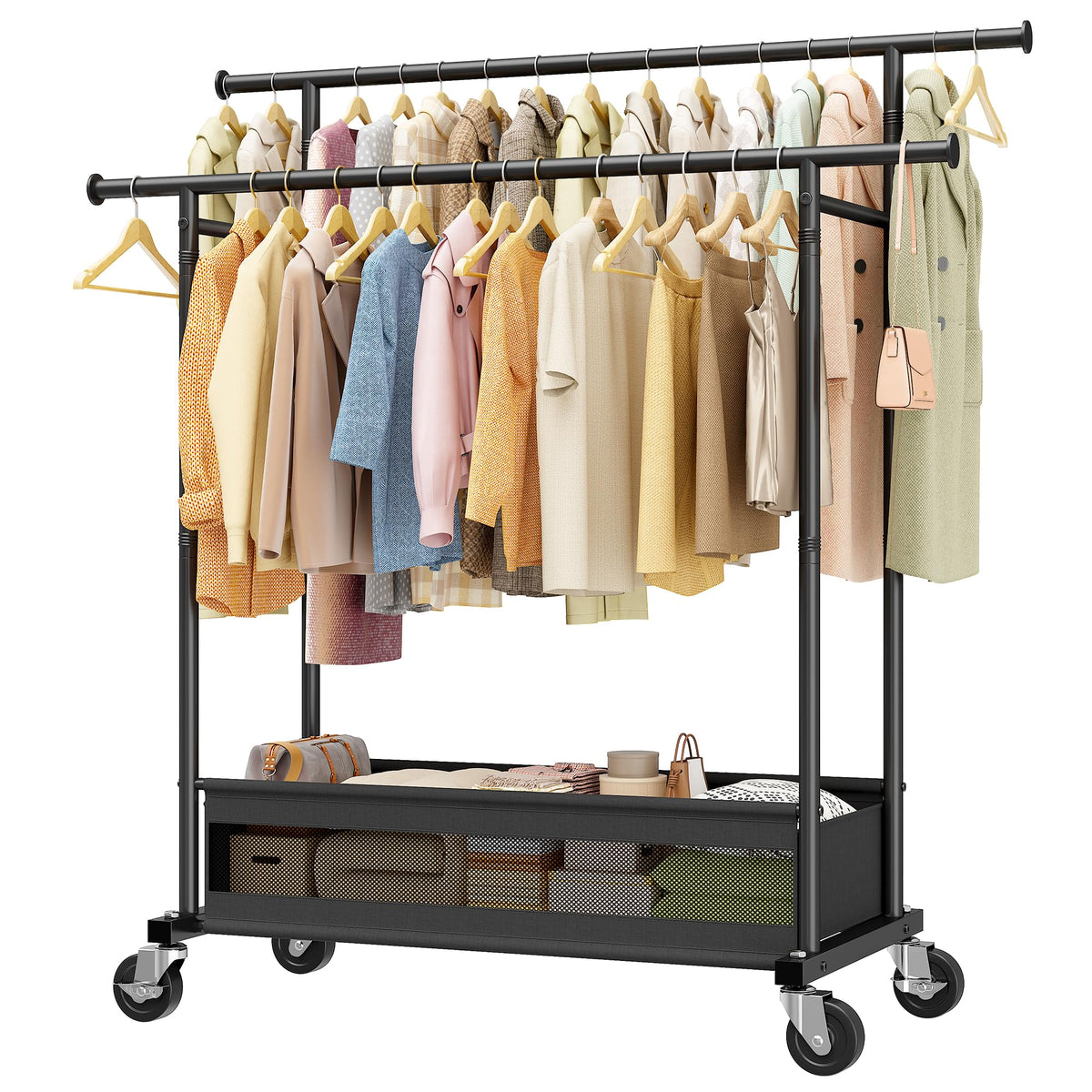 Clothes Rack 210 LBS Double Rods Extra Storage Basket