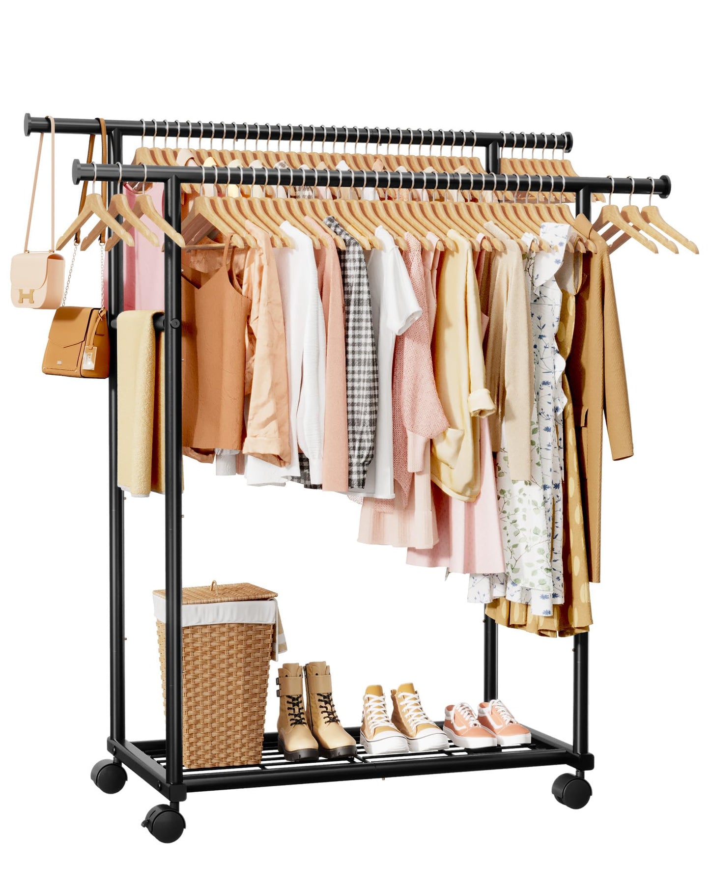 Sakugi Double Rods Clothes Rack - Metal Clothing Rack with Fixed Double Rods, Rolling Wheels & Built-In Shelf for Closet, Bedroom, Laundry Storage (39" x 17" x 60", Black)