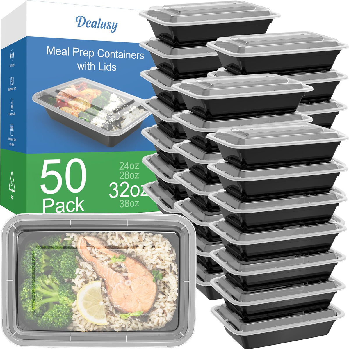 Dealusy 50 Pack (100-Piece) 24 oz Meal Prep Containers Reusable with Lids
