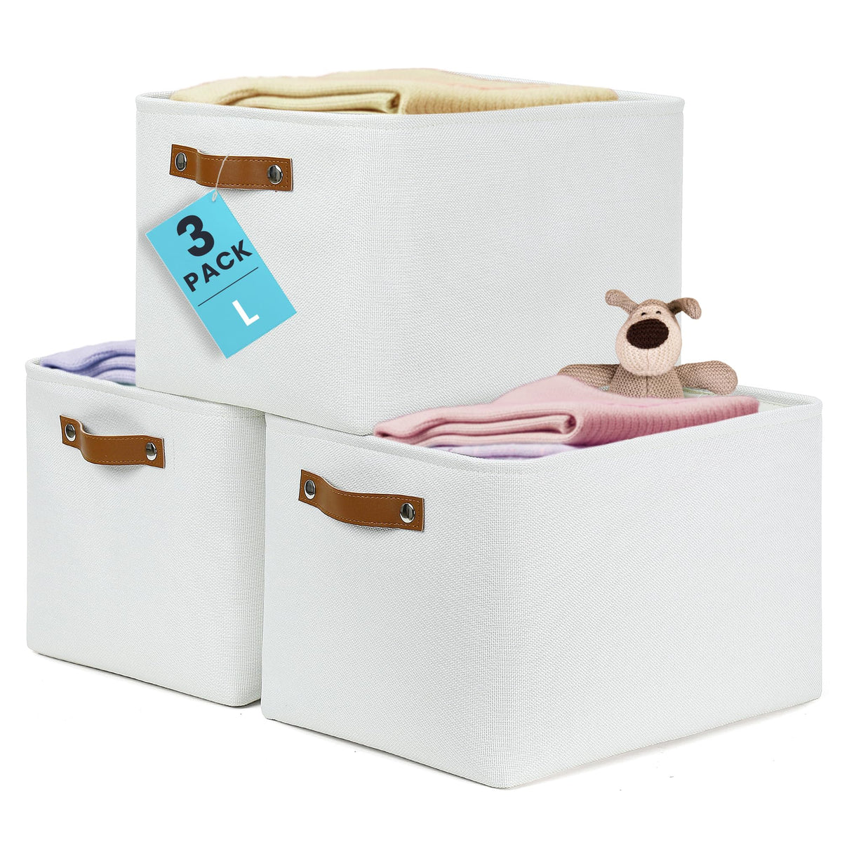 OrganiHaus 15x11in Canvas Storage Baskets 3 Pack - Fabric Bins for Shelves