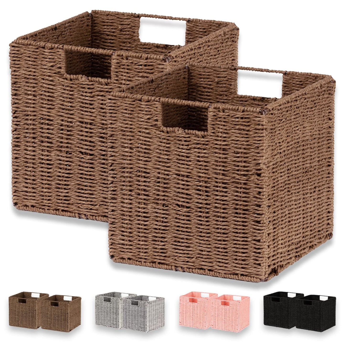 Vagusicc Wicker Storage Basket, Set of 2 Hand-Woven Storage Baskets for Shelves, Foldable Cube Storage Baskets Bins with Handles, 9 inch Small Wicker Baskets for Organizing Pantry Bedroom, Brown
