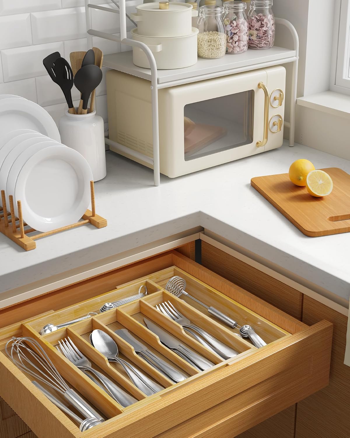 Kitsure Silverware Organizer, Bamboo Kitchen Drawer Tray, Natural, Large