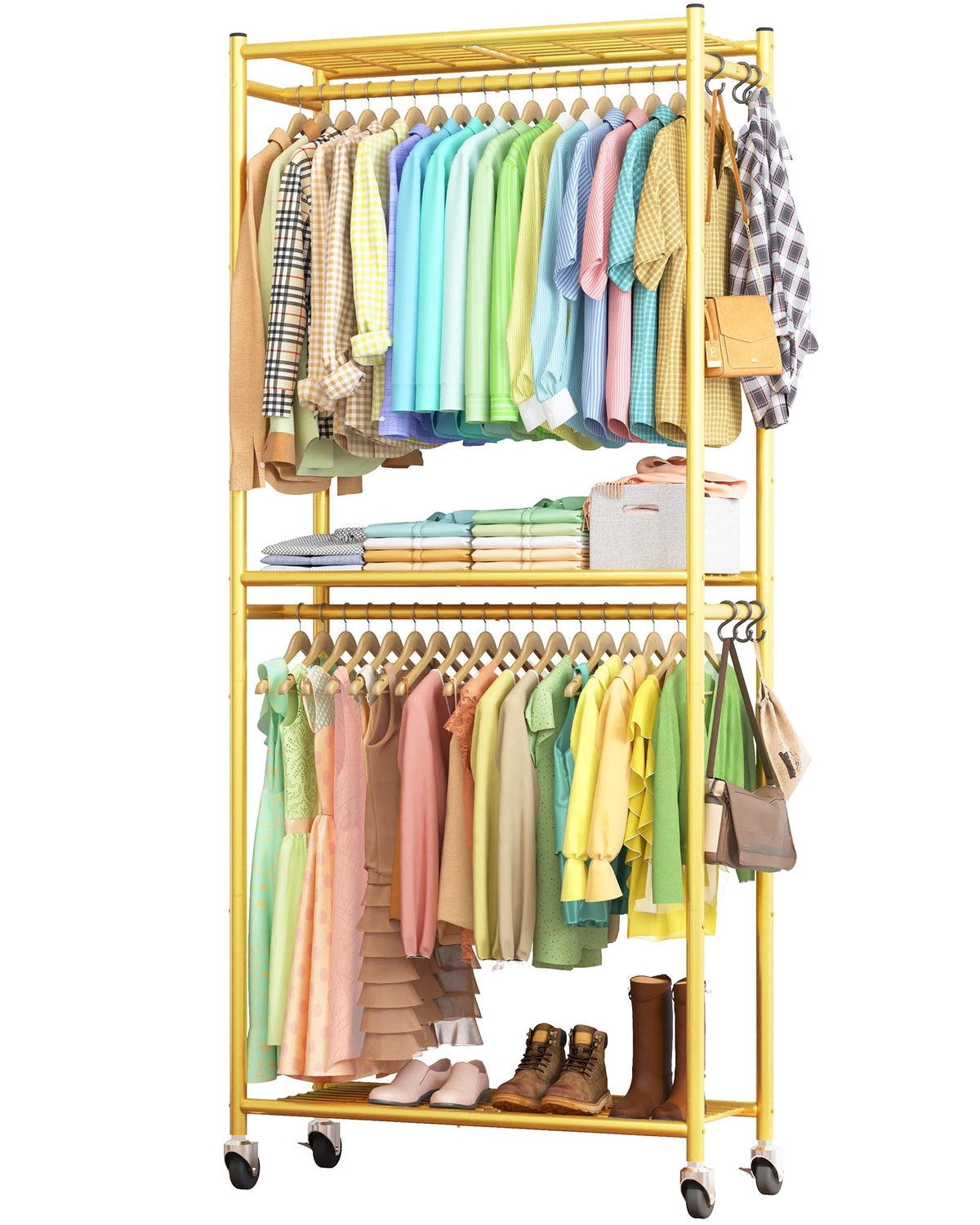 Sakugi Clothes Rack - 33.0" x 12.2" x 79.5" Clothing Rack with Shelves & Wheels, Multi-Functional Wardrobe Closet with Hooks, Sturdy Metal Garment Rack for Bedroom, Laundry, Balcony (Black)
