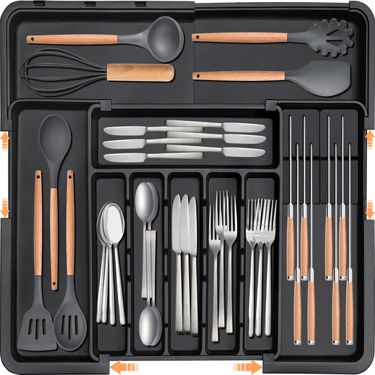 Homecor Silverware Organizer - Expandable Large Kitchen Drawer Organizer Utensil Organizer with 2 Removable Knife Blocks, 22"x 19"Cutlery Tray Drawer Dividers for Kitchen Flatware(6-9 Slots) (Black)