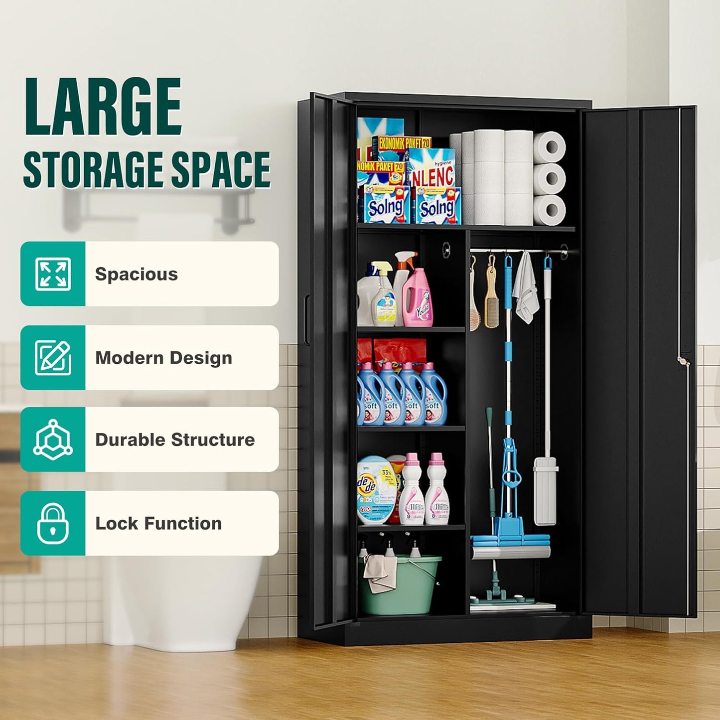 Wide & Deep Metal Storage Cabinet with Hanging Rod,Black Broom Closet Storage Cabinet with Lock,72" Tall Wardrobe Cabinets with Doors and Shelves,Locking Steel Tool Cabinets for Home,Office,Garage