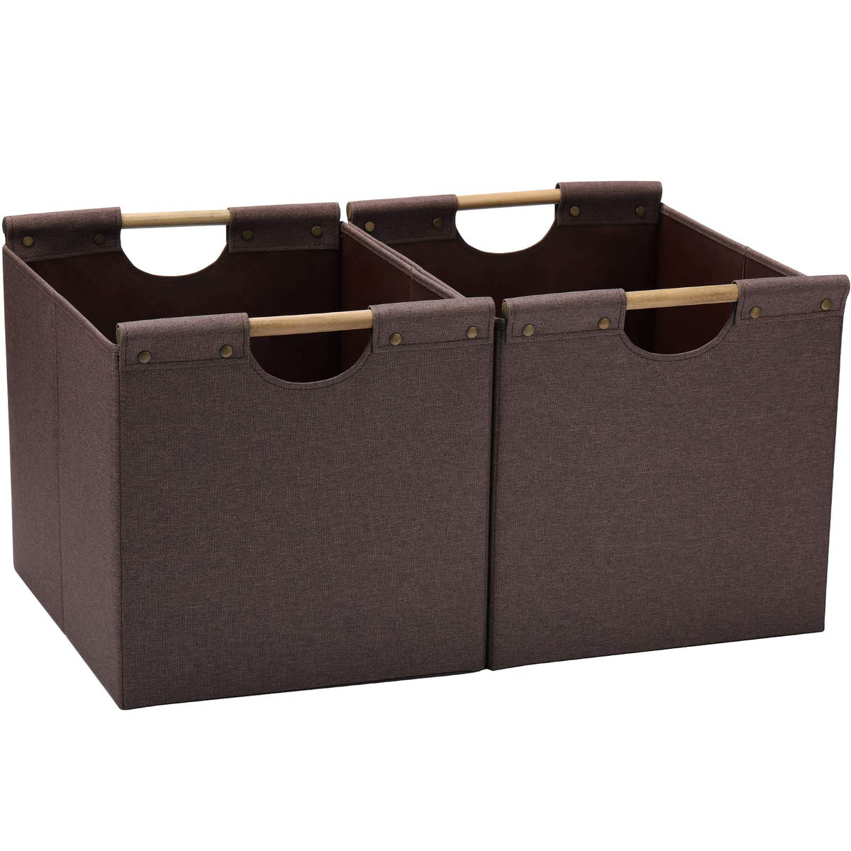 HOONEX Large Collapsible Storage Bins, Linen Fabric, Pack of 2, Storage Baskets with Wooden Carry Handles and Sturdy Heavy Cardboard, for Home, Office, Car, Nursery, Black
