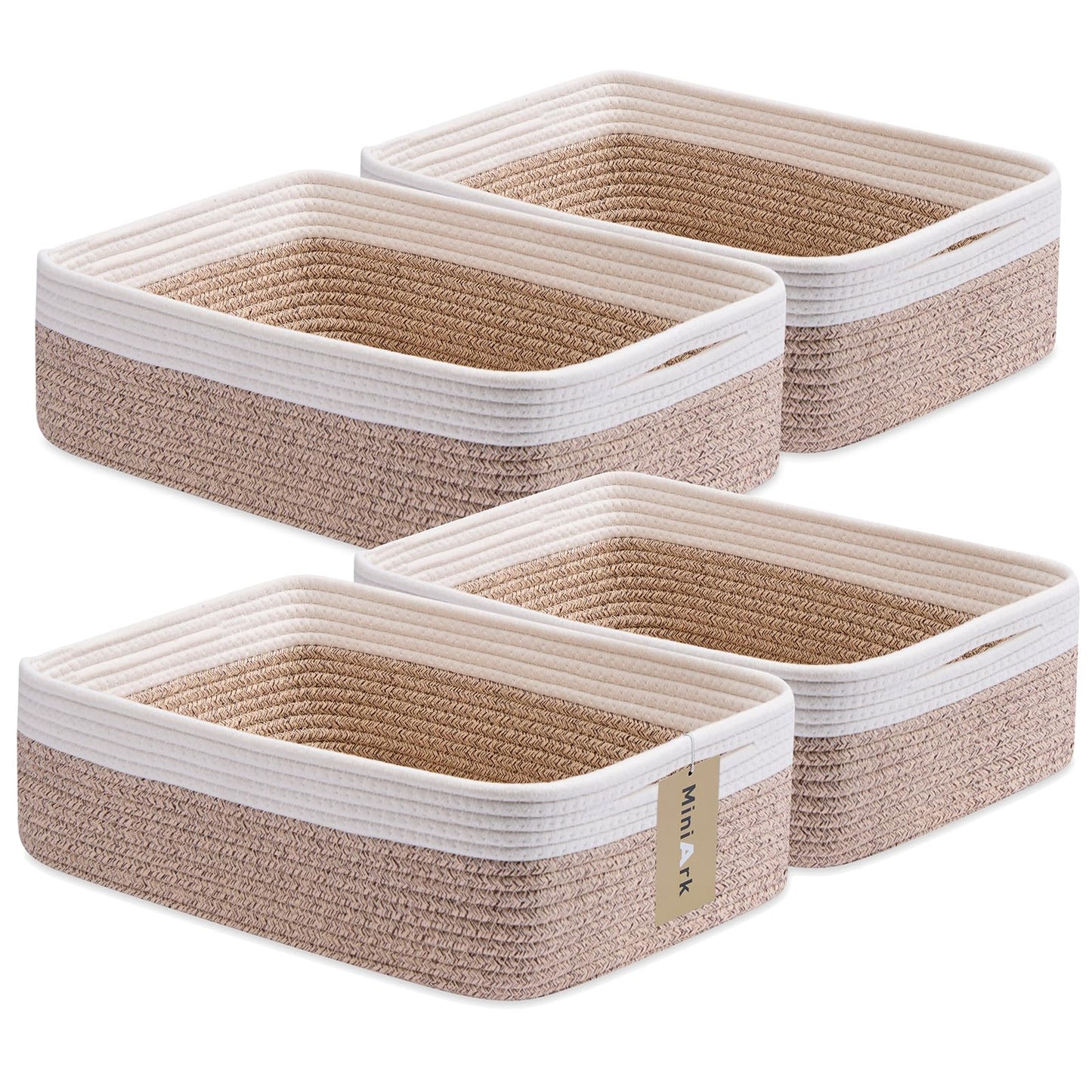 MiniArk Large Shallow Organizing Baskets 15x11x5.1 Inches - Rope Woven Storage Bins for Bathroom, Shelves, Cube Closet, Mixed Brown 2 Packs