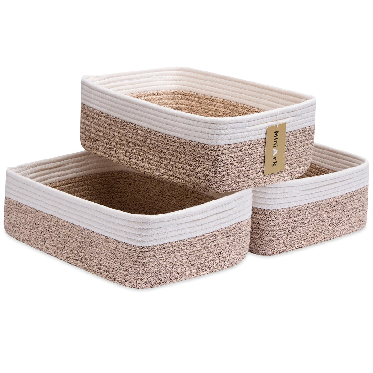 MiniArk Large Shallow Organizing Baskets 15x11x5.1 Inches - Rope Woven Storage Bins for Bathroom, Shelves, Cube Closet, Mixed Brown 2 Packs