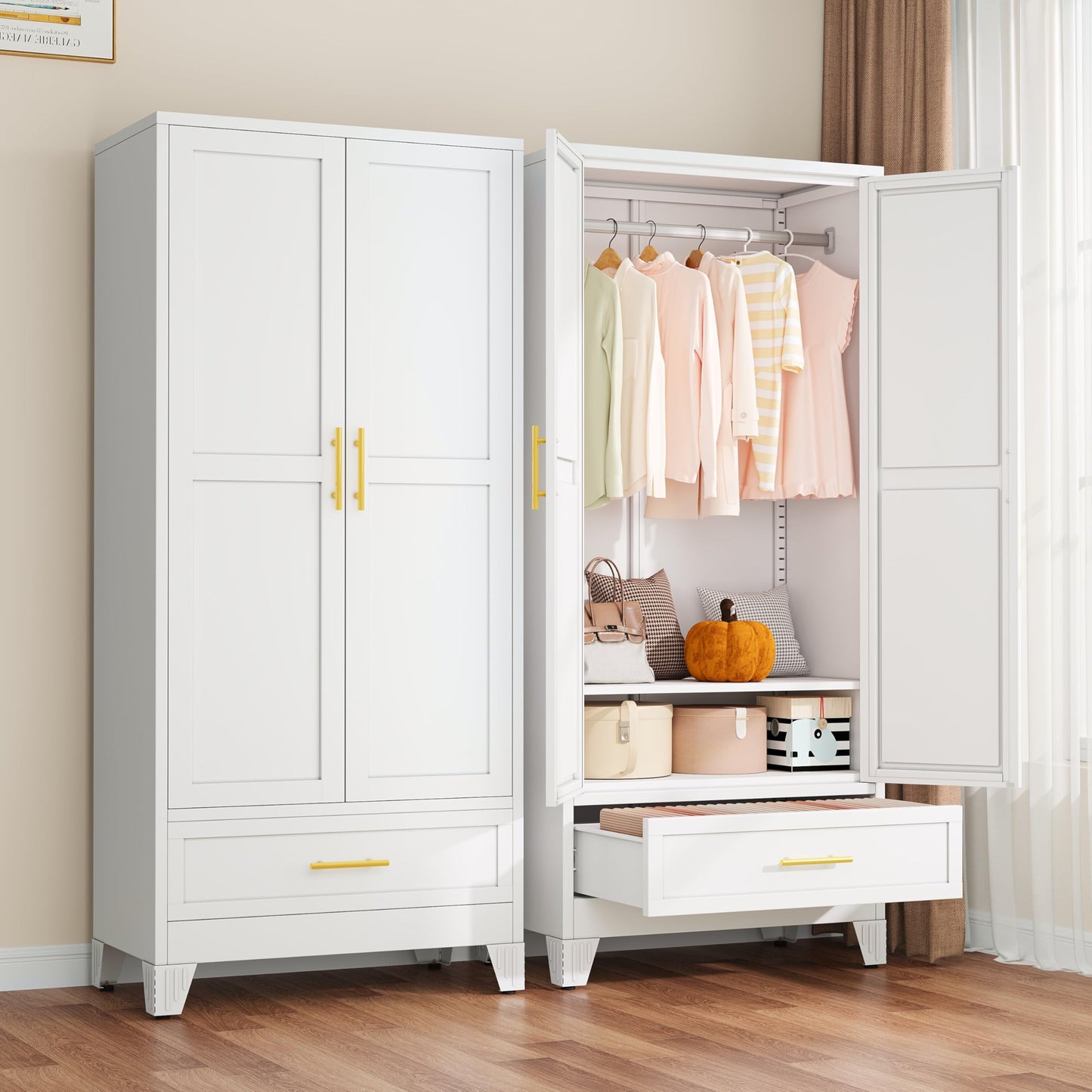 Metal Armoire Wardrobe Closet, 71" Clothing Storage Cabinet with Mirror