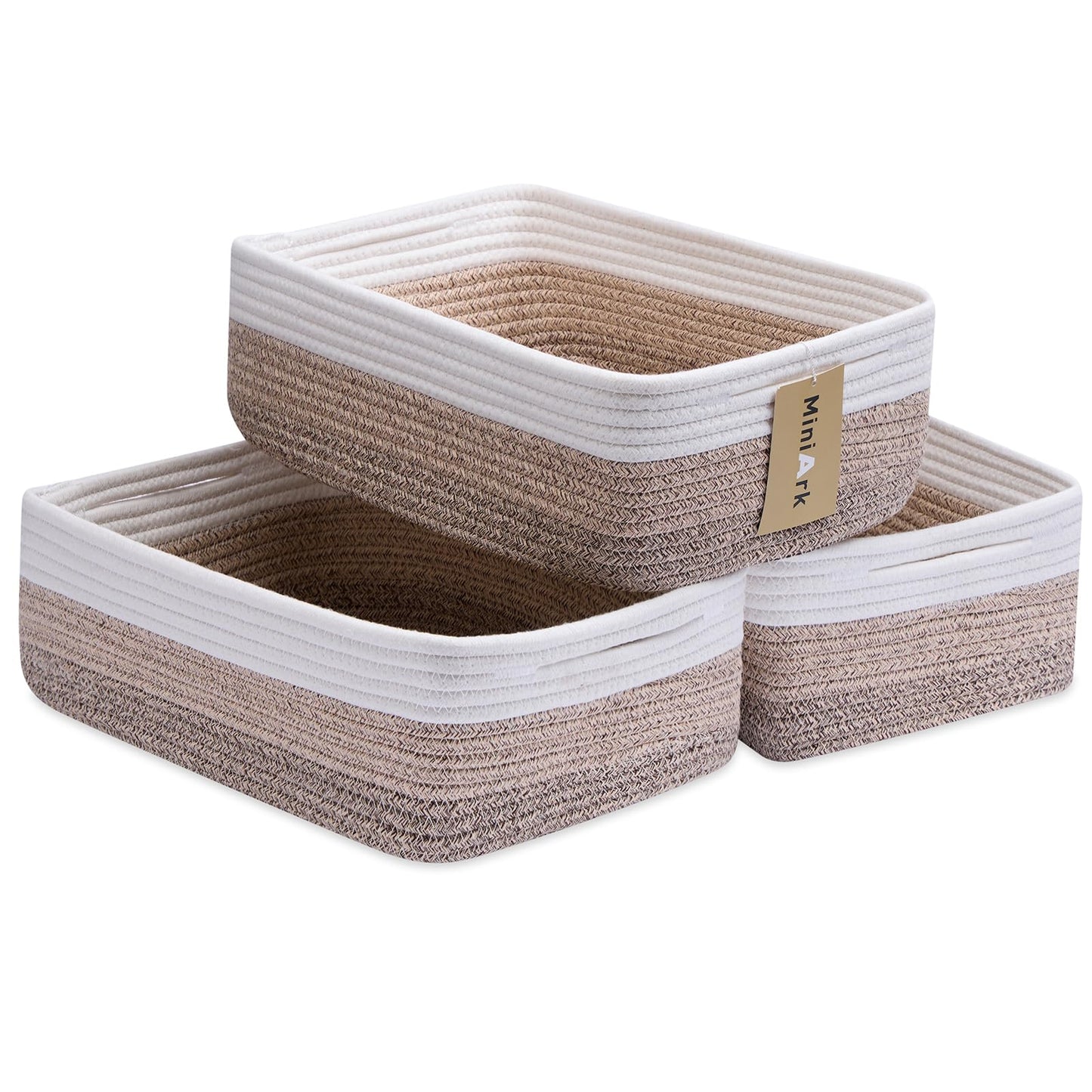 MiniArk Large Shallow Organizing Baskets 15x11x5.1 Inches - Rope Woven Storage Bins for Bathroom, Shelves, Cube Closet, Mixed Brown 2 Packs