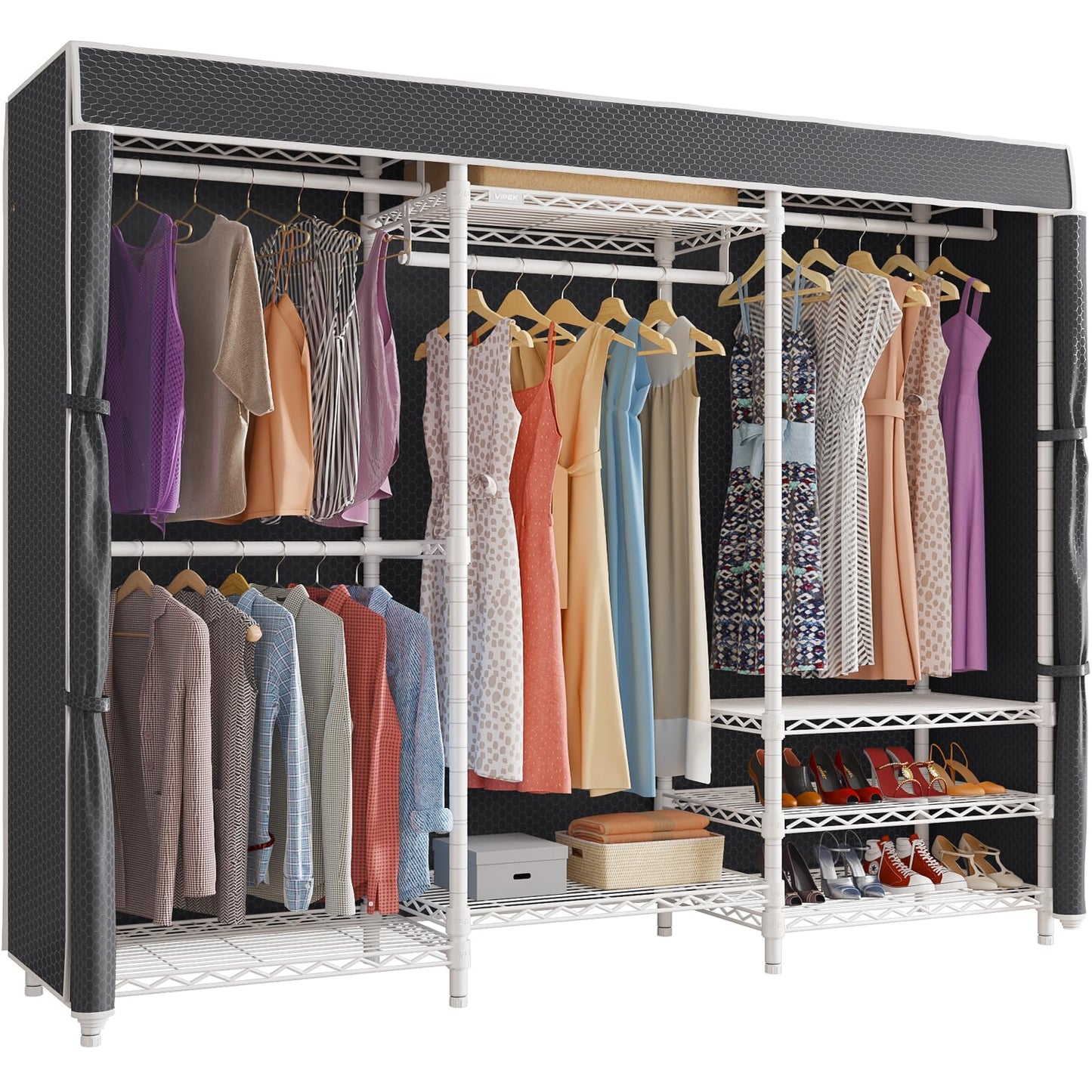 VIPEK V5C Heavy Duty Covered Clothes Rack Portable Closet Rack, Black Metal Clothing Rack with Black Upgarded Polyester Cover, Adjustable Custom Freestanding Closet Wardrobe, Max Load 800LBS