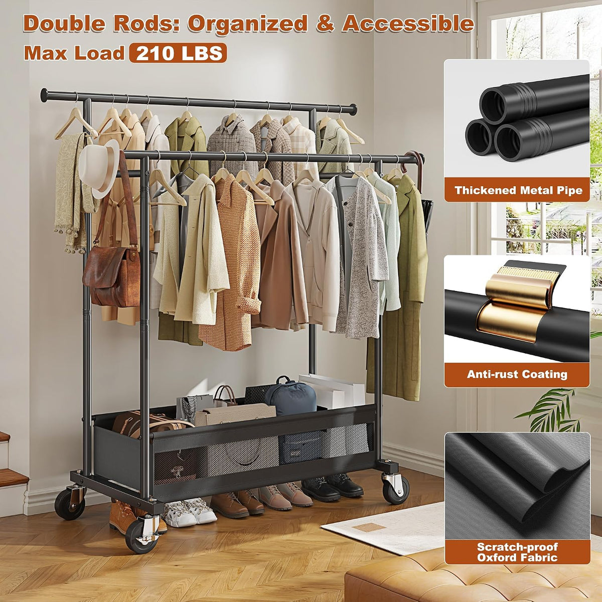 Clothes Rack 210 LBS Double Rods Extra Storage Basket
