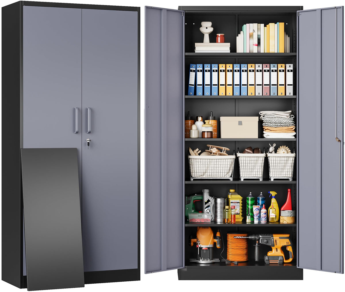 Wide & Deep Metal Storage Cabinet with Hanging Rod,Black Broom Closet Storage Cabinet with Lock,72" Tall Wardrobe Cabinets with Doors and Shelves,Locking Steel Tool Cabinets for Home,Office,Garage