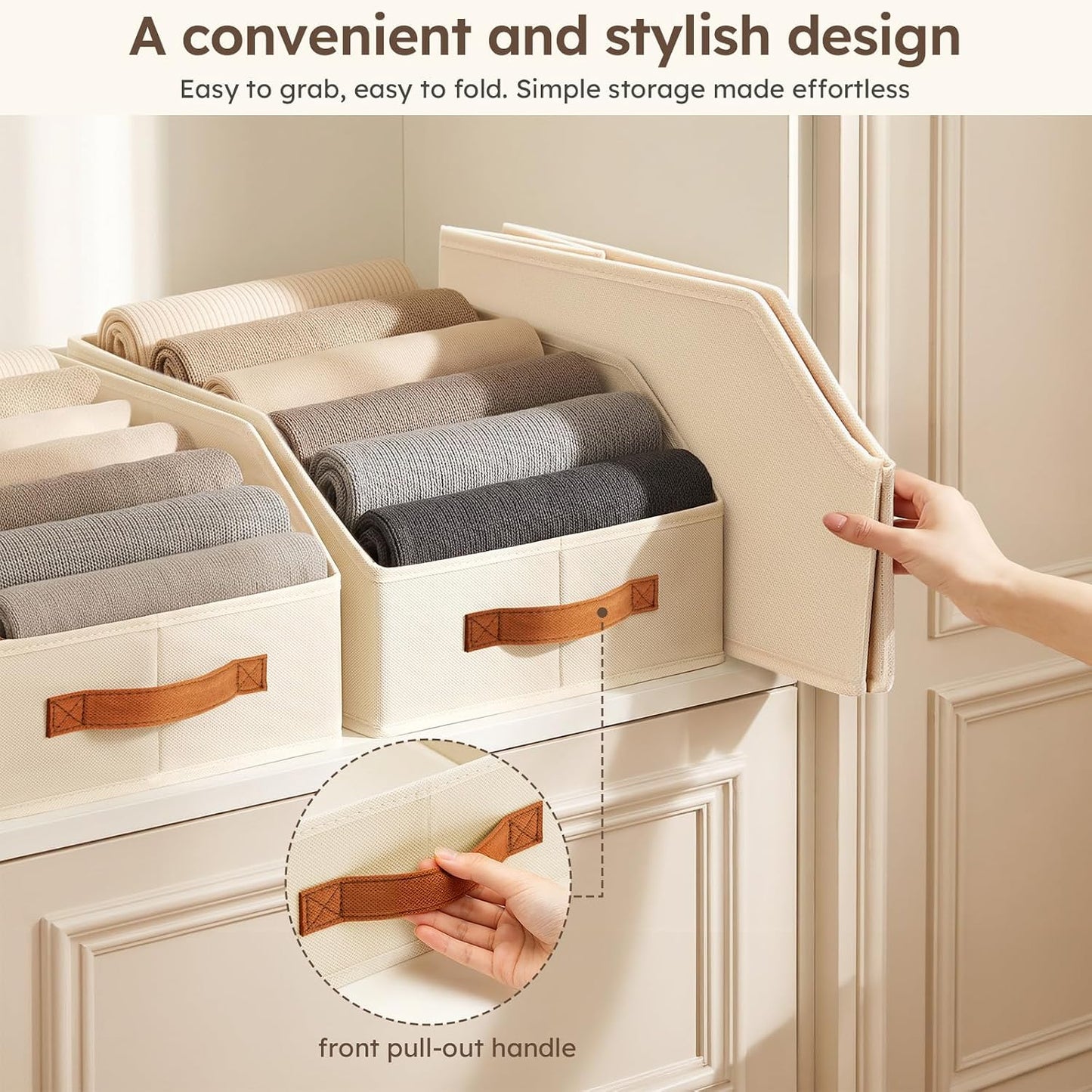 Homsorout Fabric Storage Bins for Organizing - 6 Pack Large Trapezoid Collapsible Storage Bins with Front Handle, Closet Organizers and Storage for Bedroom, Home Shelves, Small Spaces, Beige