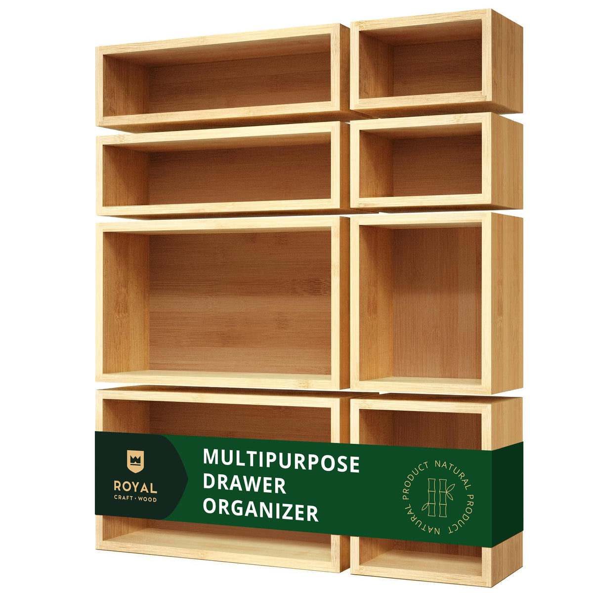 ROYAL CRAFT WOOD 5-Piece Bamboo Drawer Organizer Set – Multi-Use Storage Trays for Kitchen, Bathroom, Office, Makeup, Jewelry & More – Junk Drawer Tray, Utensil Holder, Storage Box & Bin Set (5 Boxes)