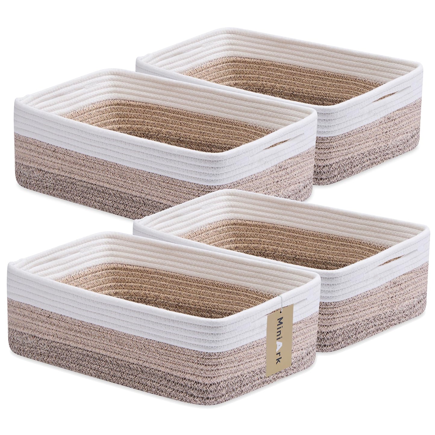 MiniArk Large Shallow Organizing Baskets 15x11x5.1 Inches - Rope Woven Storage Bins for Bathroom, Shelves, Cube Closet, Mixed Brown 2 Packs