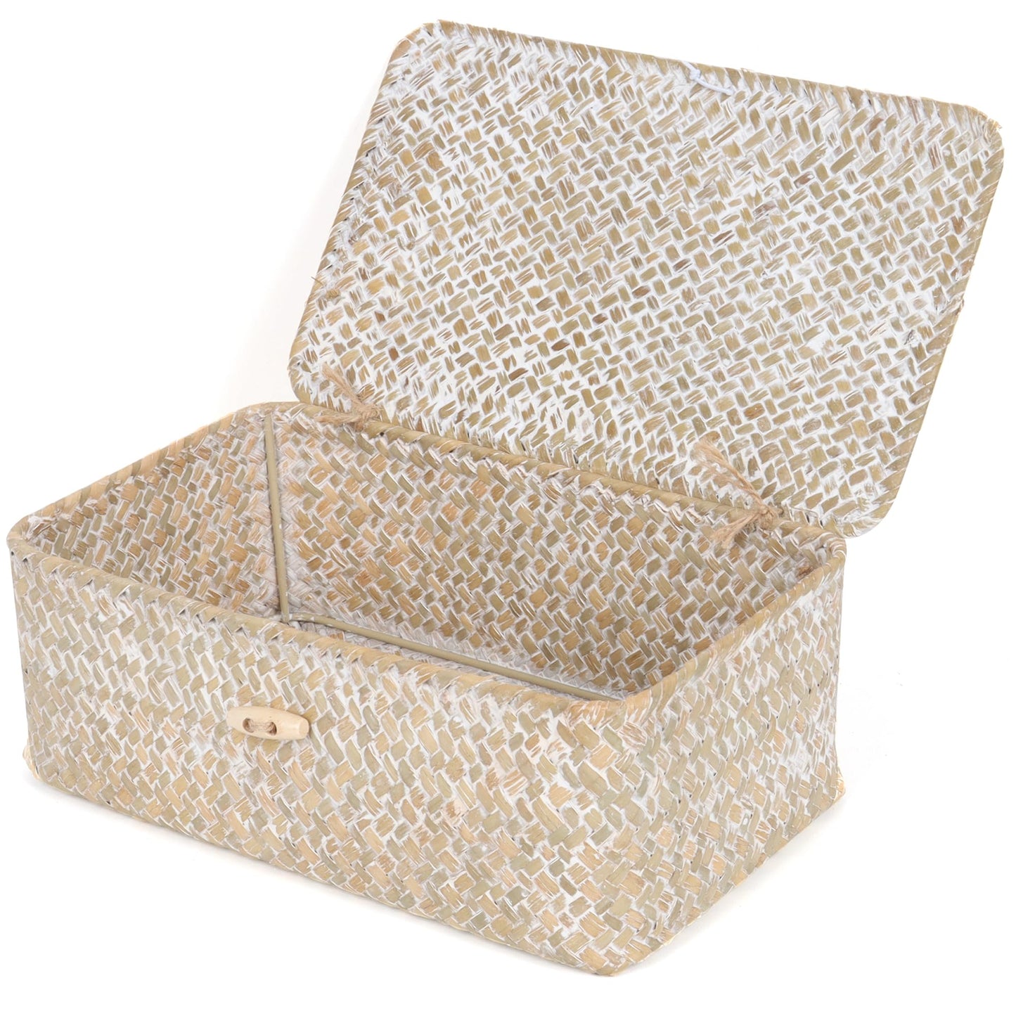 FEIALNDUO Wicker Shelf Baskets with Lid,Seagrass Storage Basket Bins Rectangular Handwoven Basket Boxes for Shelves Desktop Home Organizer (Coffee, X-Small)