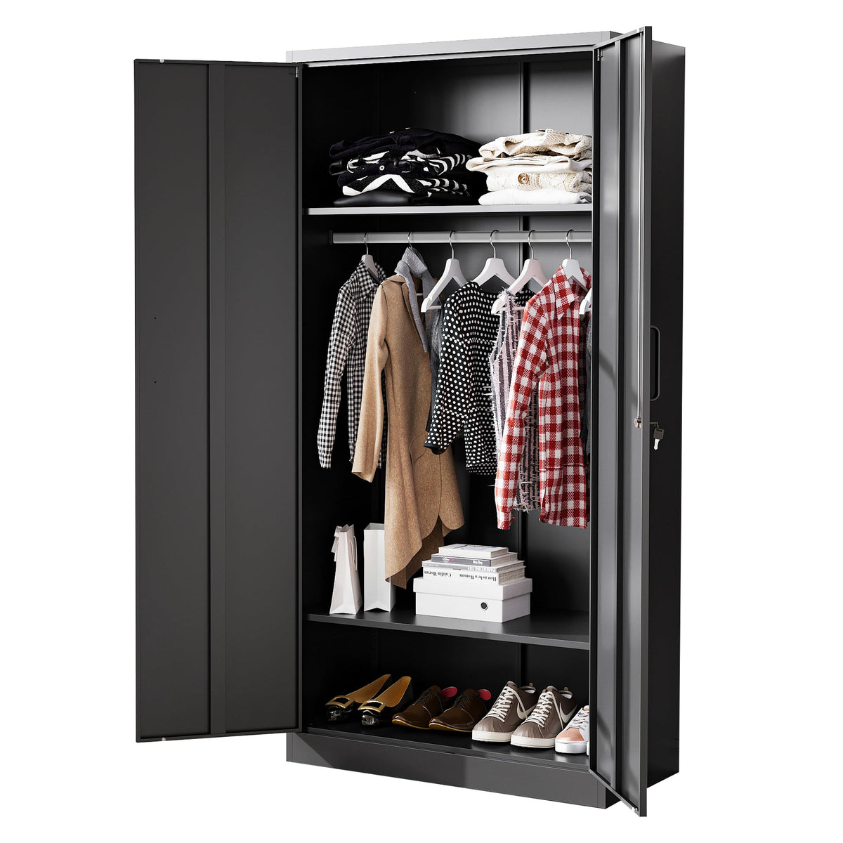 BYNSOE 71" Tall Metal Wardrobe Closet with 2 Drawers, Steel Armoire Cabinet with Hanging Rod and Adjustable Shelves, Freestanding Clothes Storage Organizer for Bedroom Office Furniture