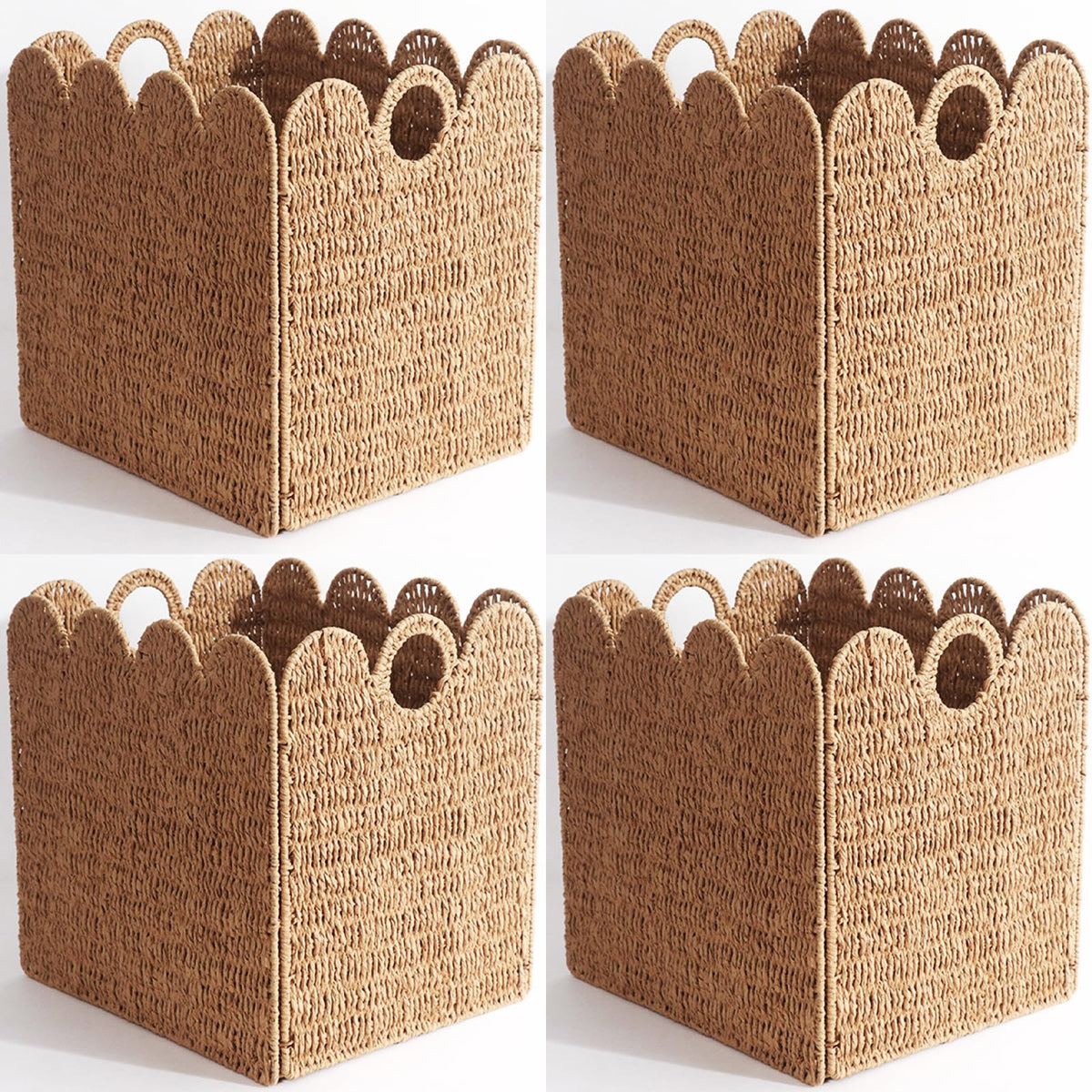 Scalloped Wicker Storage Cubes Basket, 12”x12“ Heavy Duty Paper rope/Hyacinth/Seagrass Baskets for Shelves, Foldable Natural Boho Square Bins (Water Hyacinth&10.5 x 10.5 x 10.5in&4-Pack)