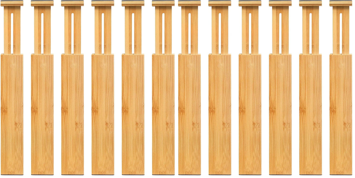 VaeFae 6-Pack Adjustable Bamboo Drawer Dividers, Expandable Drawer Organizer for Kitchen Utensils, Clothes, Bathroom, Office – Fits Drawer Interiors 16.6" to 21.8"