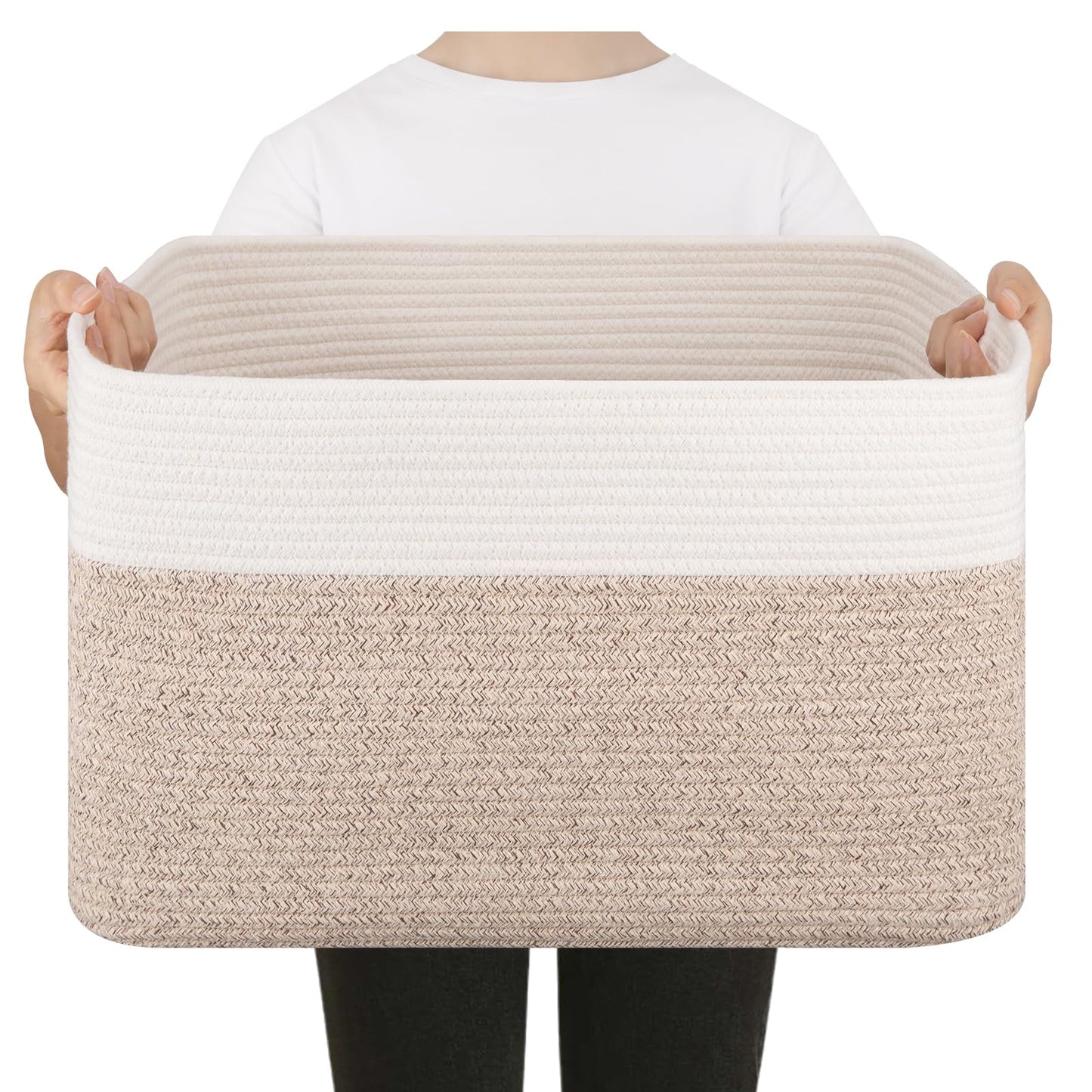 75L Large Cotton Rope Basket, Soft Toy Storage Bin for Nursery & Living Room, Decorative Blanket Basket for Bedroom, Baby-Safe Organizer for Pillows &Laundry, 22''×17''×12'', Brown and White