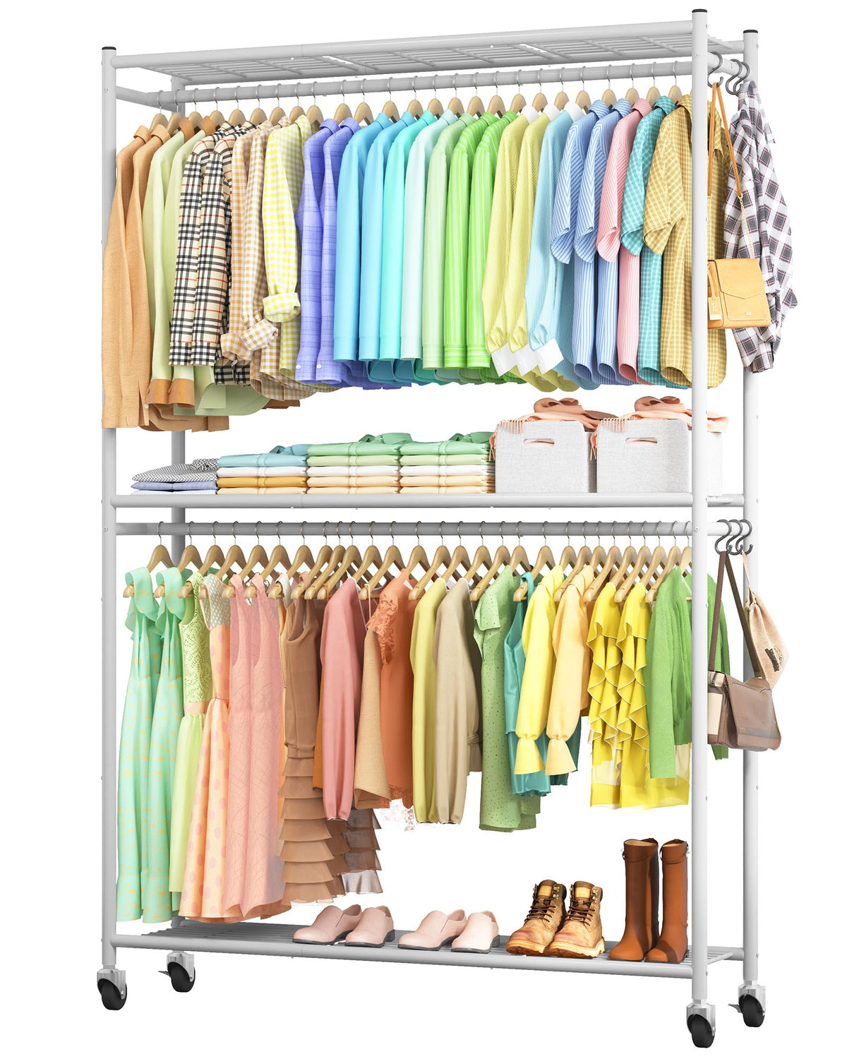 Sakugi Clothes Rack - 33.0" x 12.2" x 79.5" Clothing Rack with Shelves & Wheels, Multi-Functional Wardrobe Closet with Hooks, Sturdy Metal Garment Rack for Bedroom, Laundry, Balcony (Black)