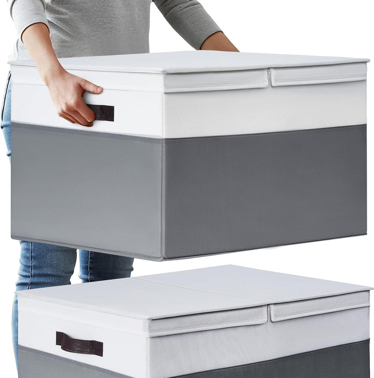 2 Pack EXTRA LARGE Blanket Storage Baskets with Lids, 22”x16”x12” Closet Organizers Bins for Clothes Towel/ Toy Storage Box with Lid Handles/ Stackable Decorative Fabric Bins for Living Room, Nursery