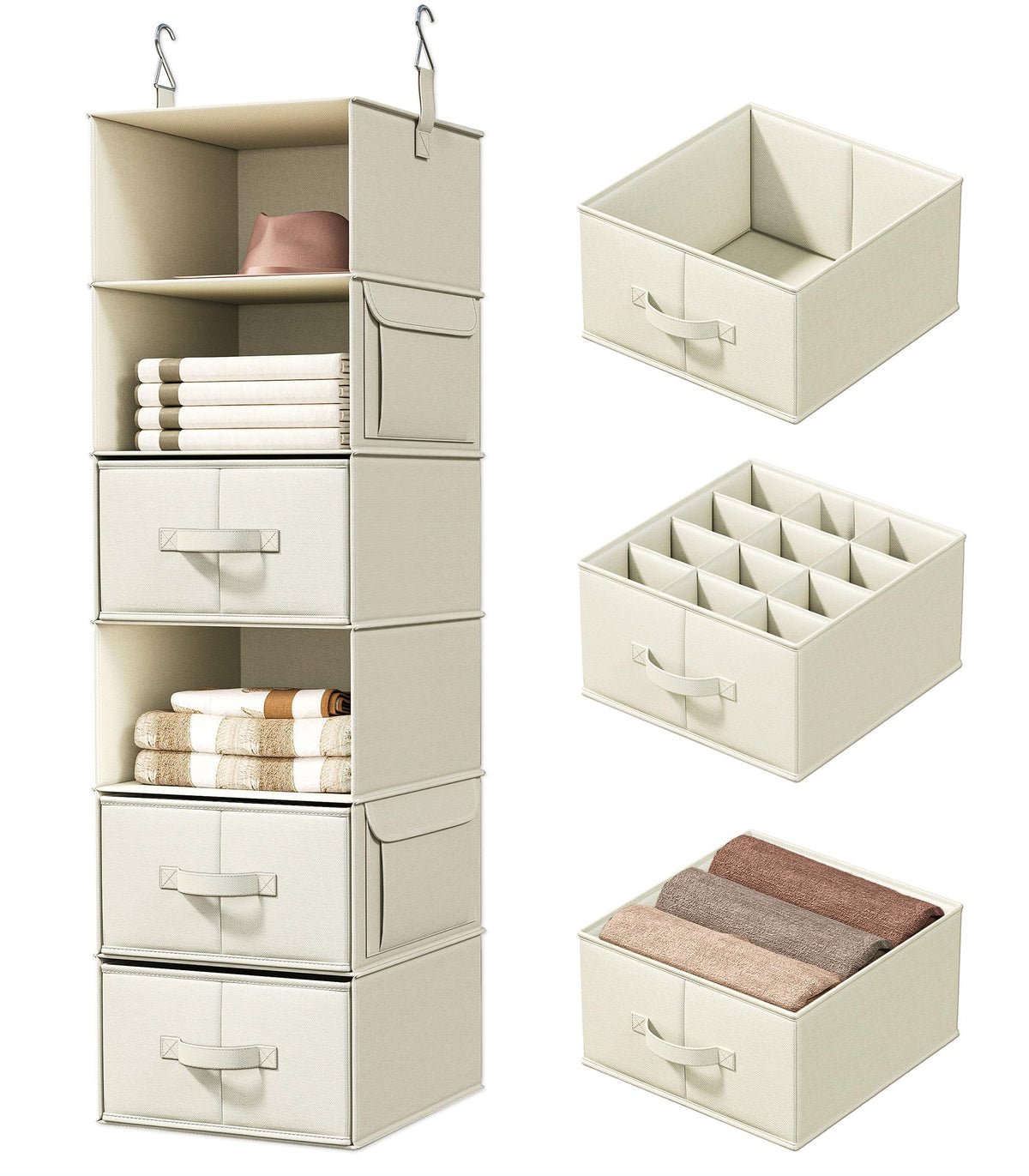 6-Shelf Hanging Closet Organizer with 3 Drawers, 2-in-1 Design, Beige