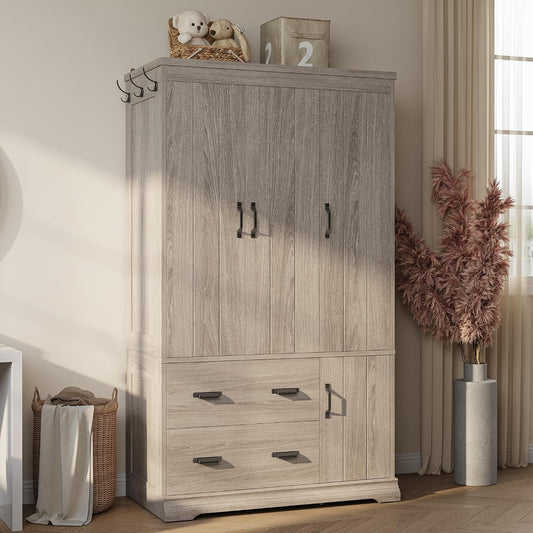 Bedroom Armoire with Drawers, 70" Freestanding Wardrobe Closet, Grey Oak