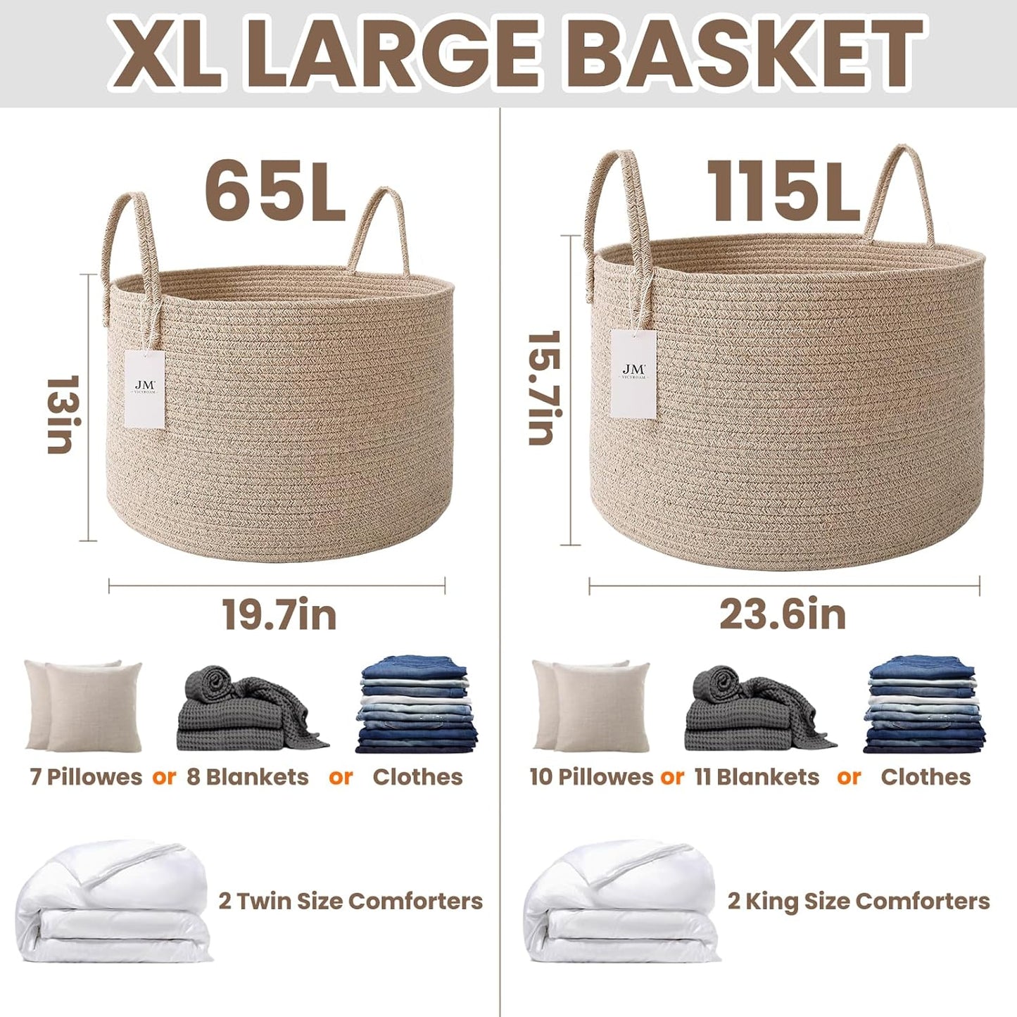 JMvicyroam 65L Extra Large Machine Washable Cotton Rope Blanket Basket
