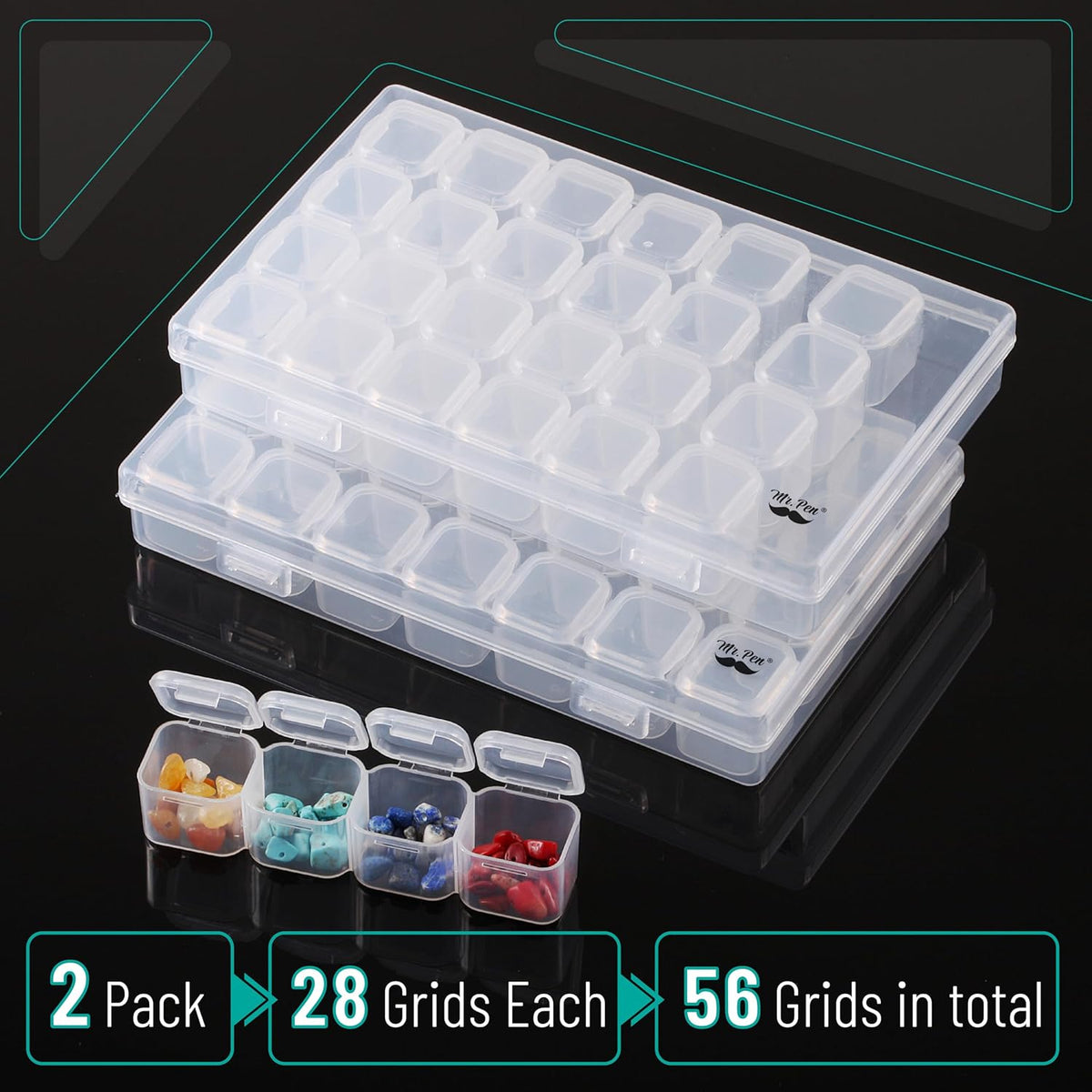 Mr. Pen- Bead Storage Containers, 28 Grids, 2 Pack, Clear White