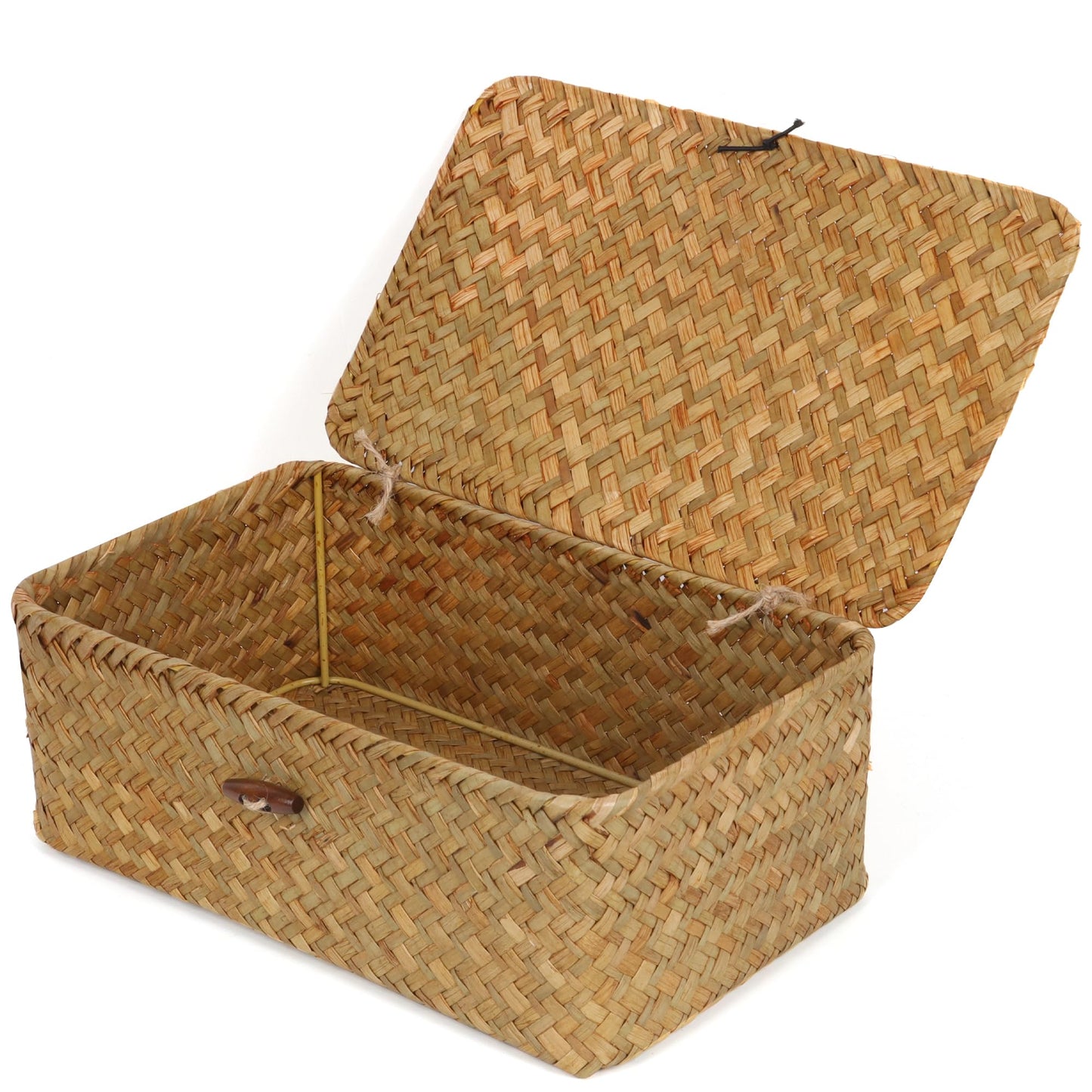 FEIALNDUO Wicker Shelf Baskets with Lid,Seagrass Storage Basket Bins Rectangular Handwoven Basket Boxes for Shelves Desktop Home Organizer (Coffee, X-Small)
