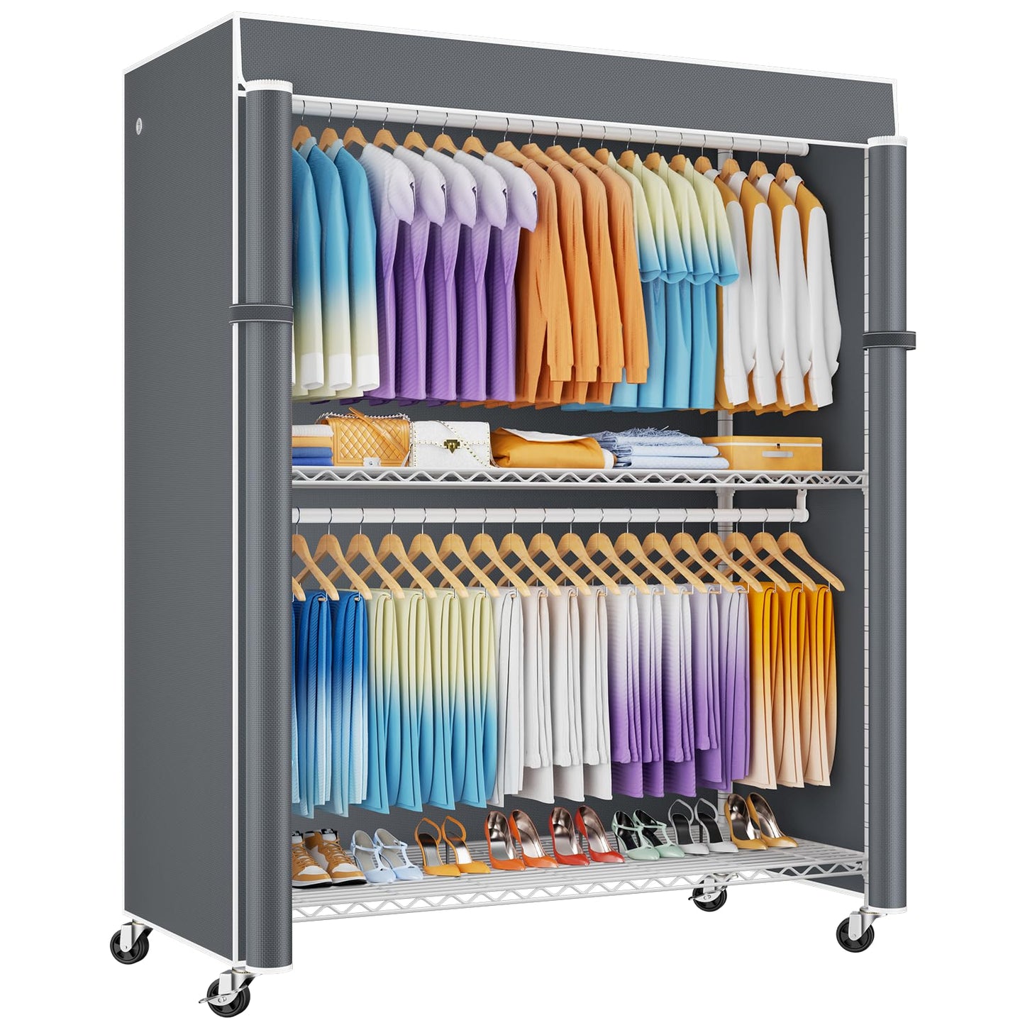 ULIFHOME P8C Max Heavy Duty Clothes Rack（With Extended Width Design） Rolling Clothing Racks for Hanging Clothes with Lockable Wheels，51.2"W x 15.8"D x 80.5"H，Load 800LBS，Black Rack with Black Cover