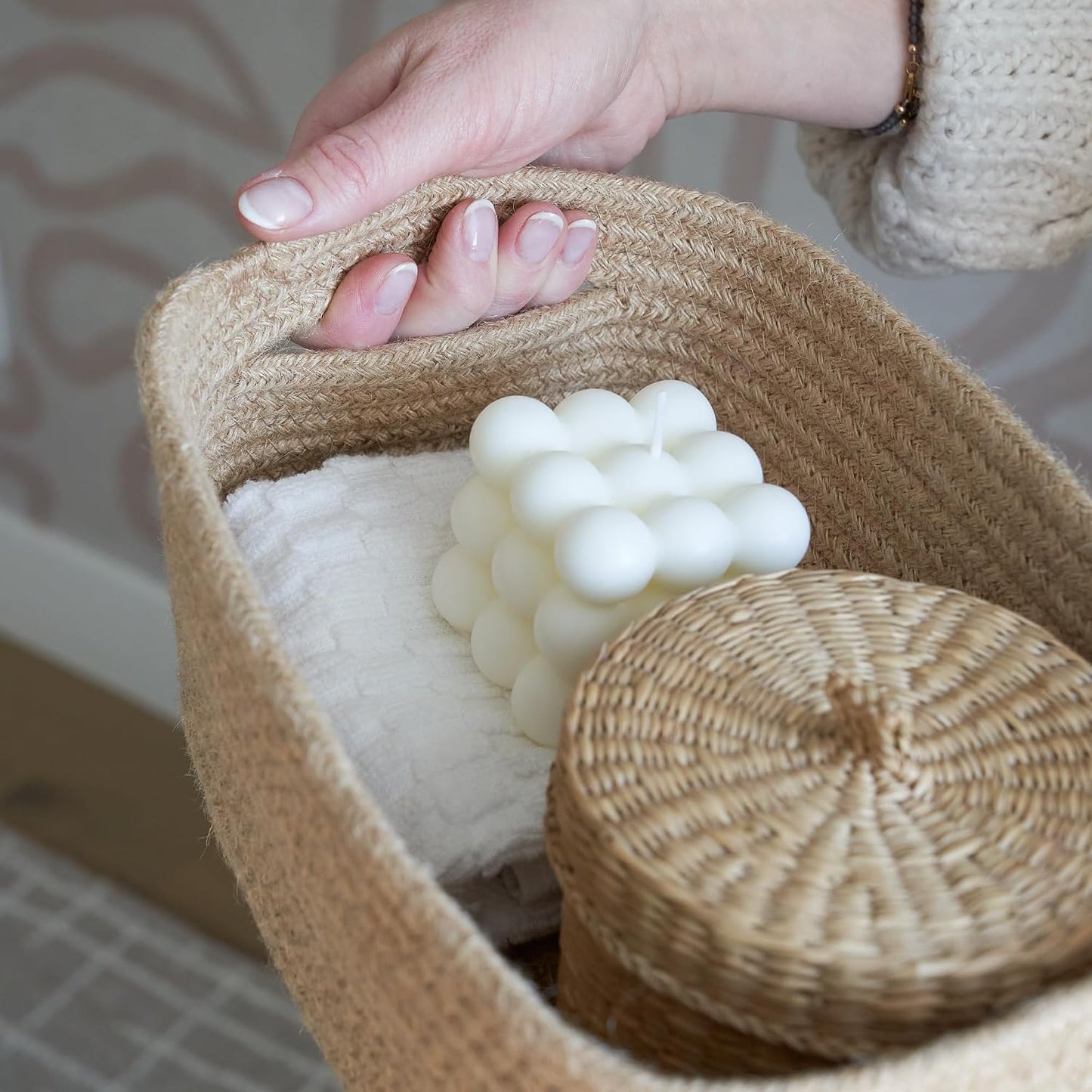 Beautiful Storage Basket Set of 3 - Sturdy Jute Rope Baskets for Shelves