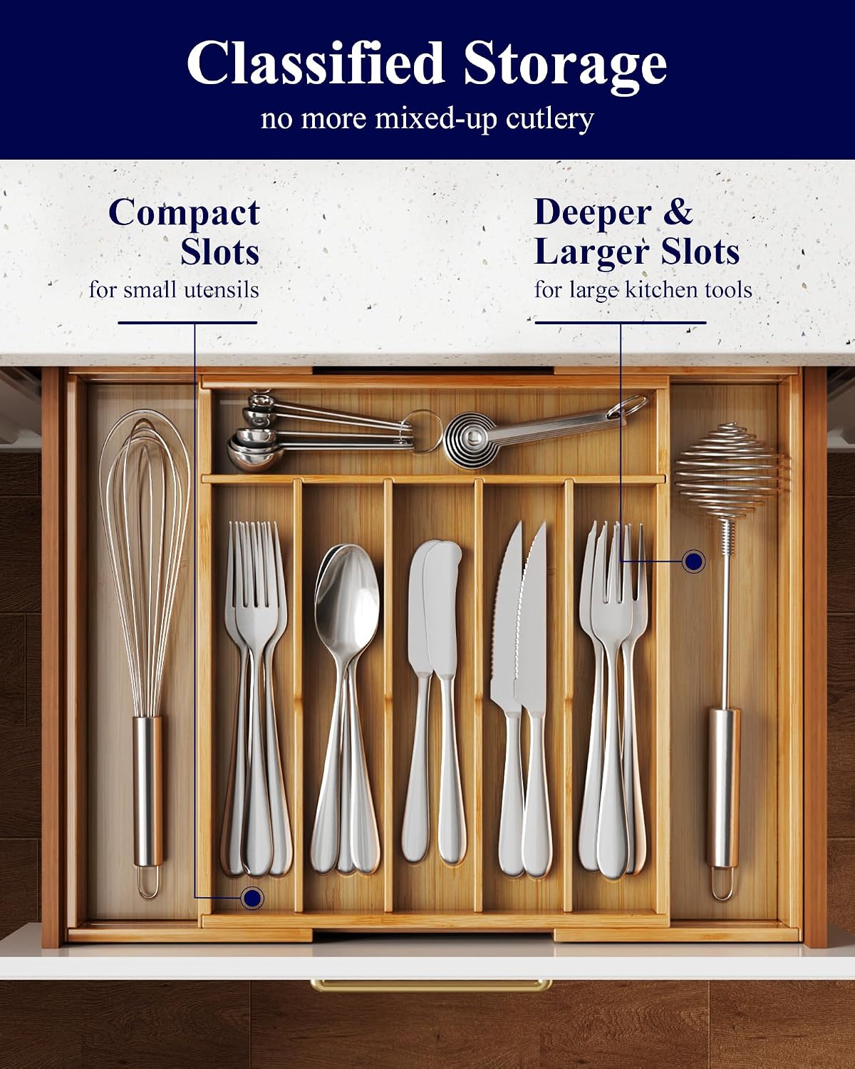 Kitsure Silverware Organizer, Bamboo Kitchen Drawer Tray, Natural, Large