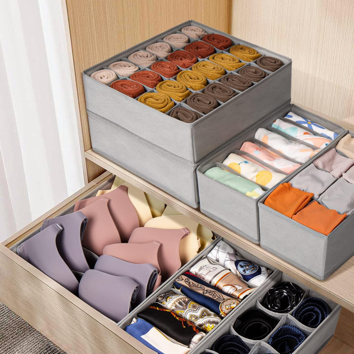 Criusia 12 Pack Sock Underwear Drawer Organizer Dividers, 116 Cells Fabric Foldable Dresser Closet Organizers and Storage Bins for Baby Clothing, Women Men Underwear Socks, Bra, Ties, Scarf