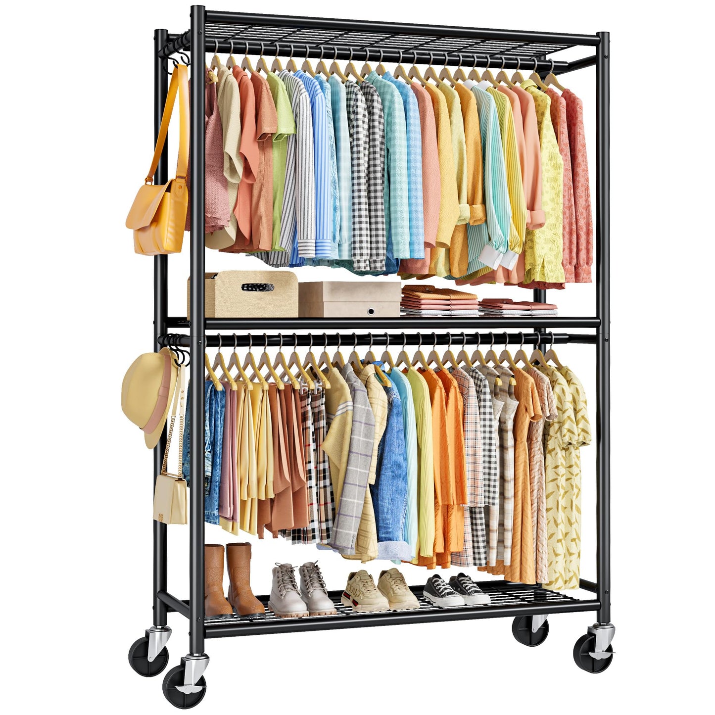 Sakugi Clothes Rack - 33.0" x 12.2" x 79.5" Clothing Rack with Shelves & Wheels, Multi-Functional Wardrobe Closet with Hooks, Sturdy Metal Garment Rack for Bedroom, Laundry, Balcony (Black)