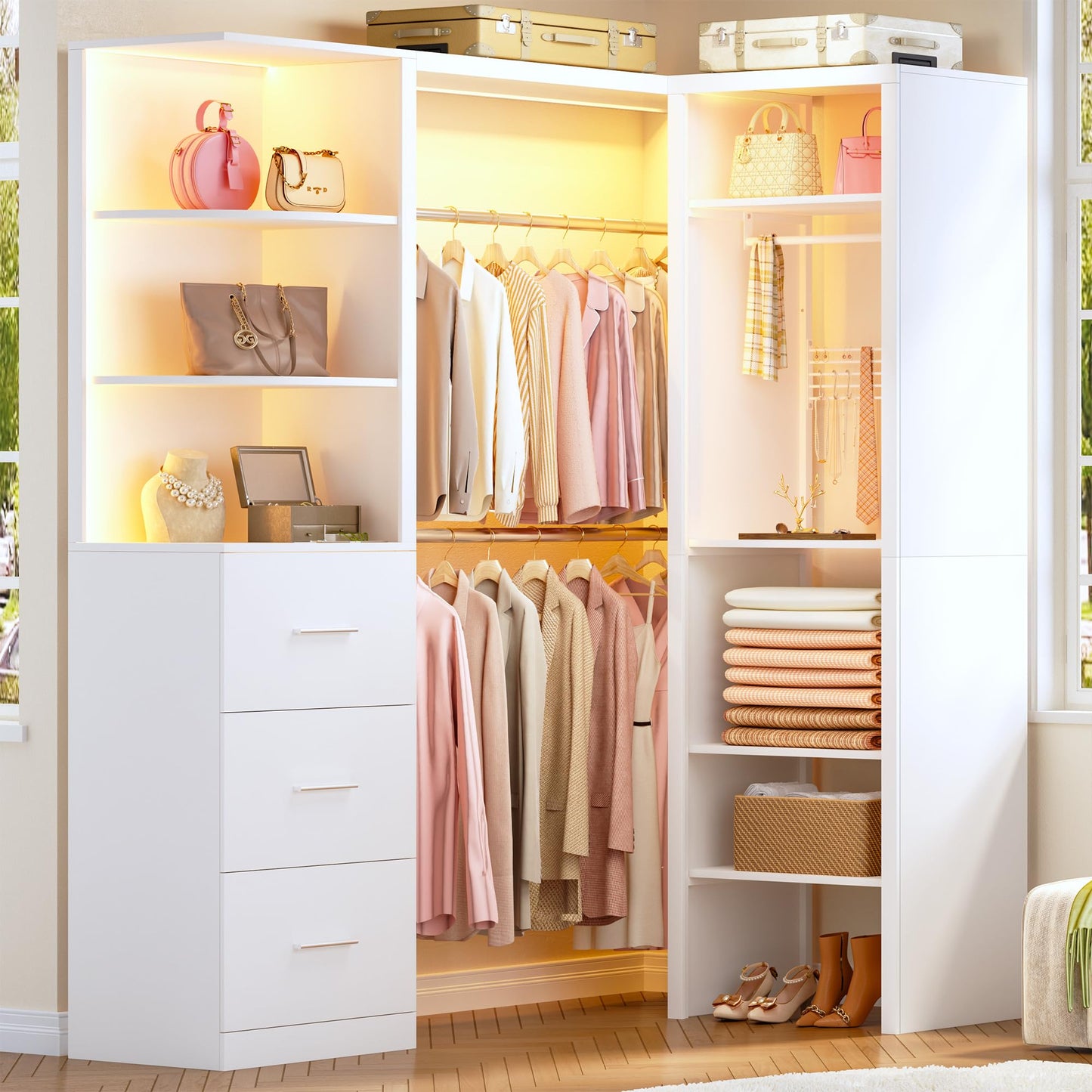 Closet System, 4-8FT Closet Organizer with 3 Wood Drawers & Glass Top, 102'' Walk in Closet with 5 Hang Rods & LED Lights & Trouser Rack, Built-in Wardrobe Clothes Rack with Shelves and Tower, White