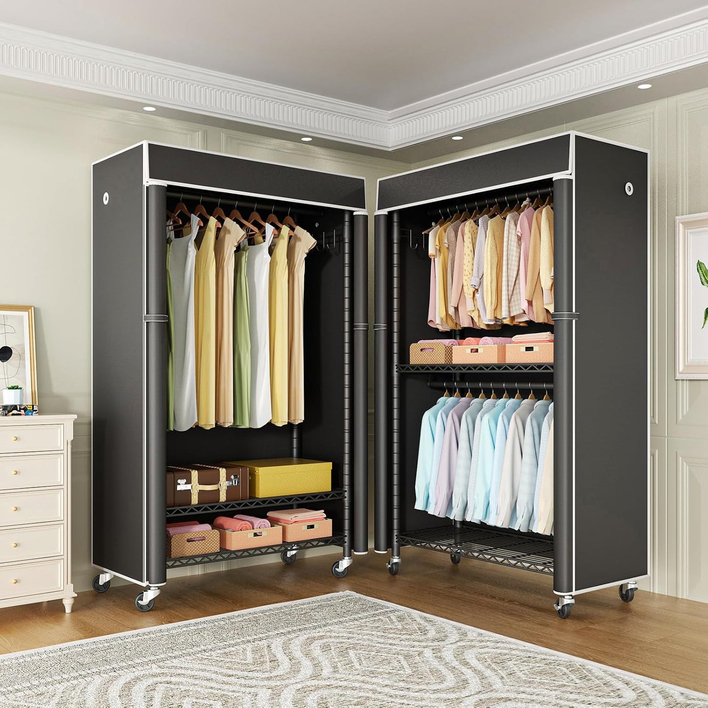 FUTASSI Clothing Rack with Cover, P1C Rolling Closets with Wheels