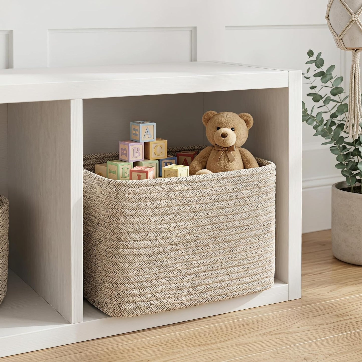R RUNKA Small Cotton Rope Basket – Storage Bin for Organizing (10.6" x 6.7" x 6.7"), Bathroom Storage Basket for Shelf, Counter & Closet（Beige）