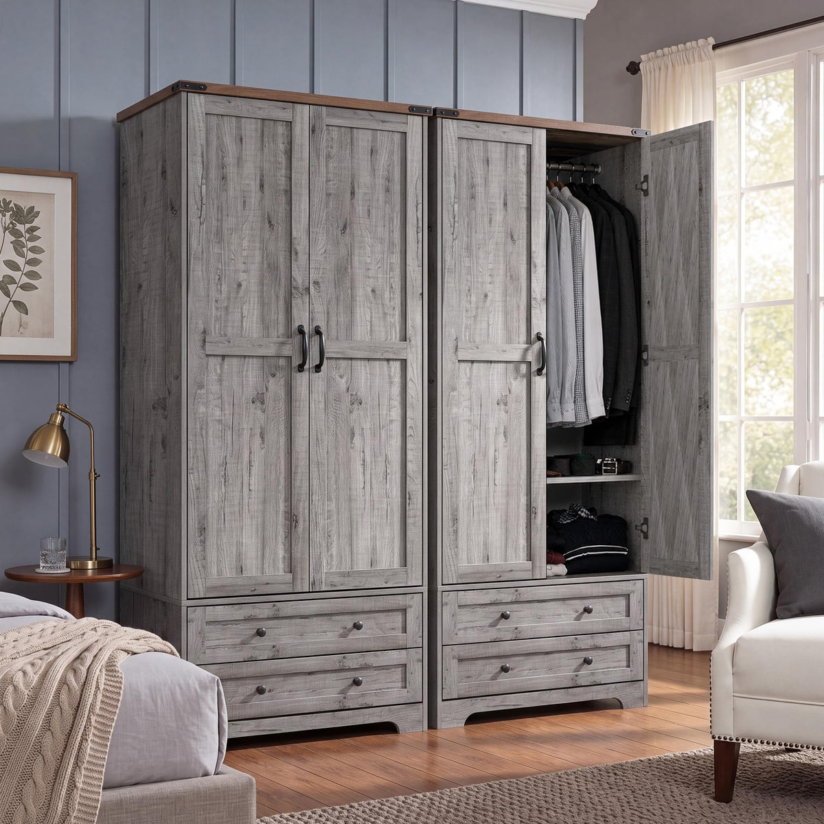 Yechen 71" Wooden Armoire Wardrobe Closet with 2 Doors & 2 Drawers, Natural