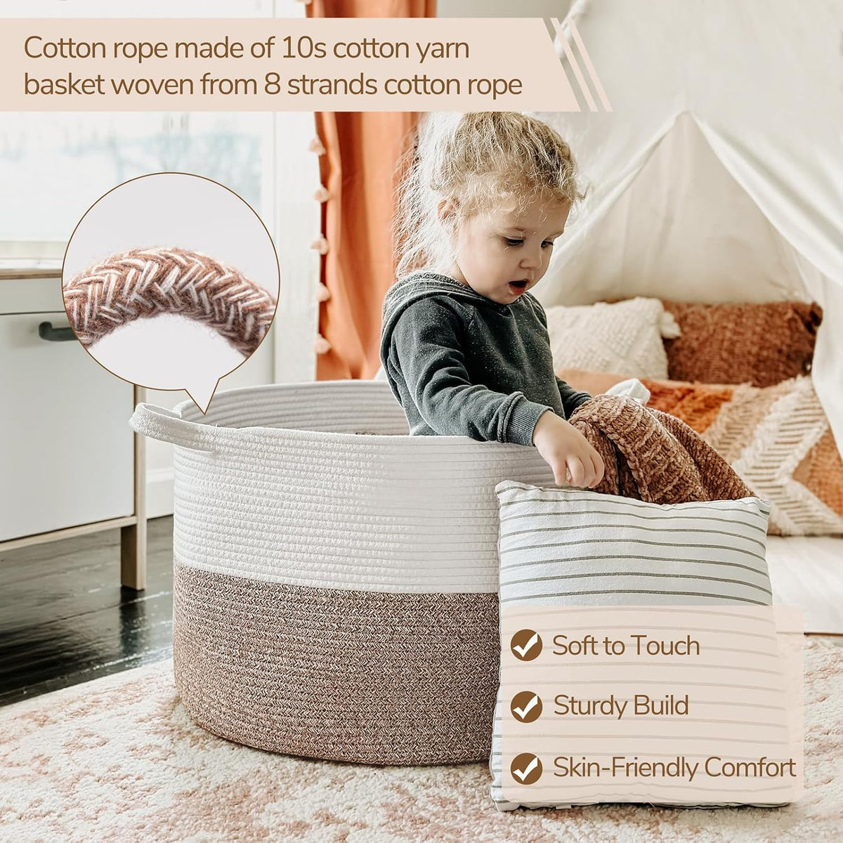 INDRESSME XXXLarge Woven Rope Blanket Basket Living Room Brown, 90L