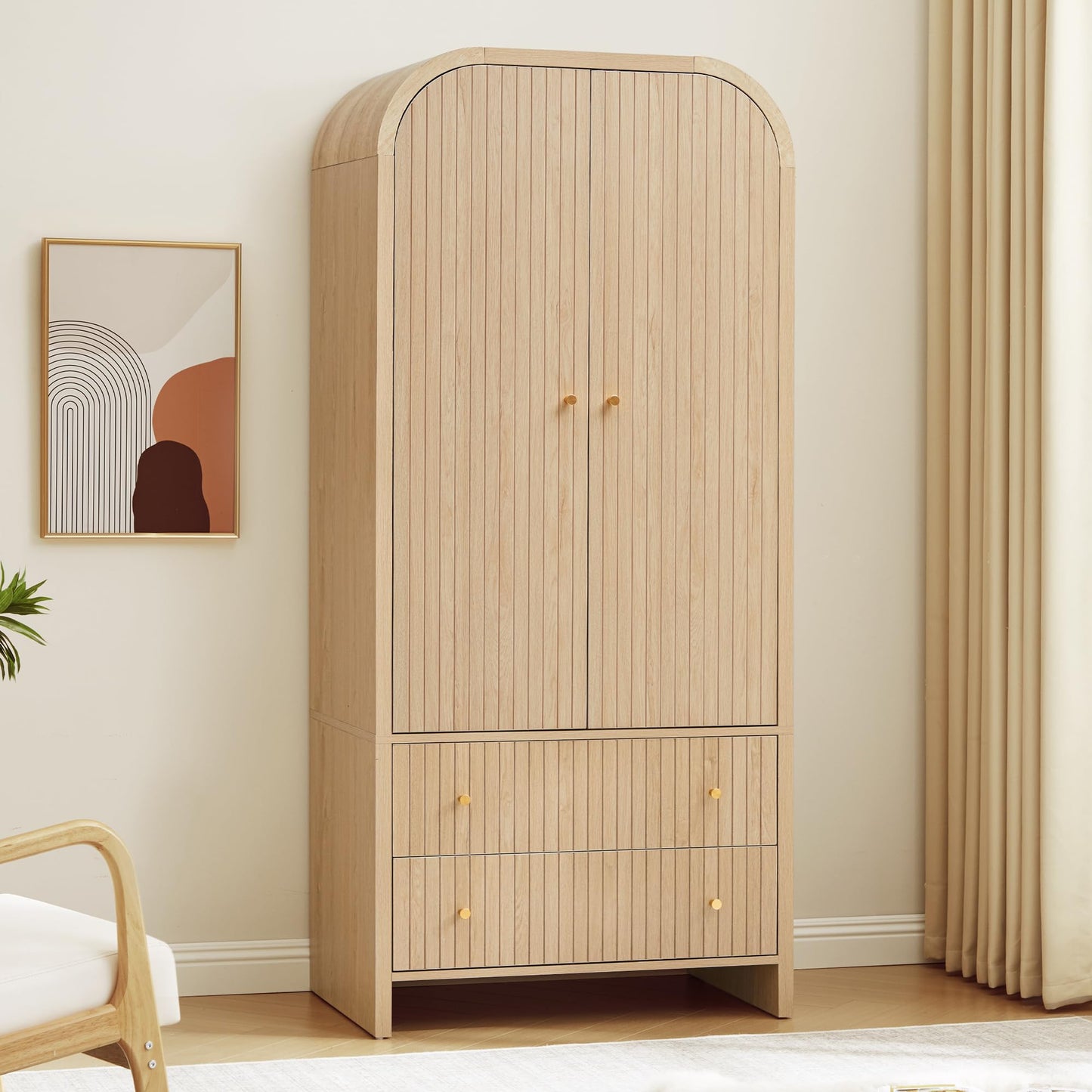 LEVNARY Arched Armoire Wardrobe Closet, Mid-Century Modern 2-Door Freestanding Wardrobe with Hanging Rod and 2 Drawers, Fluted Carved Clothing Storage Cabinet for Bedroom (Natural)