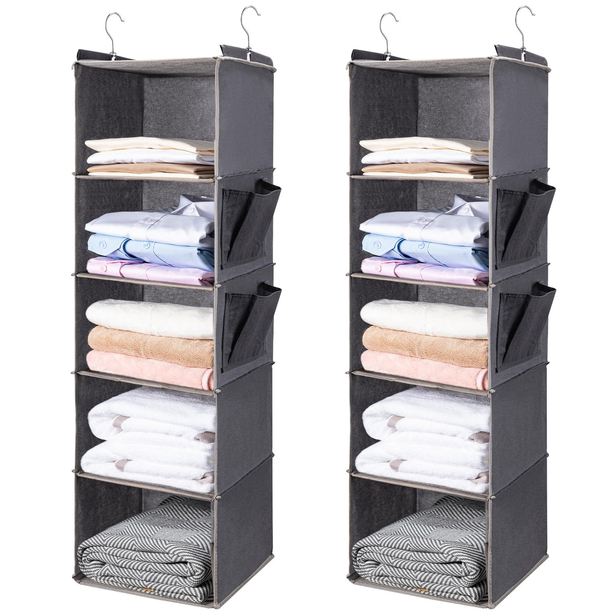 BOOMIBOO Hanging Closet Organize and Shelves，5-Hanging Shelf with 2 Side Pockets，Storage Foldable （Grey）