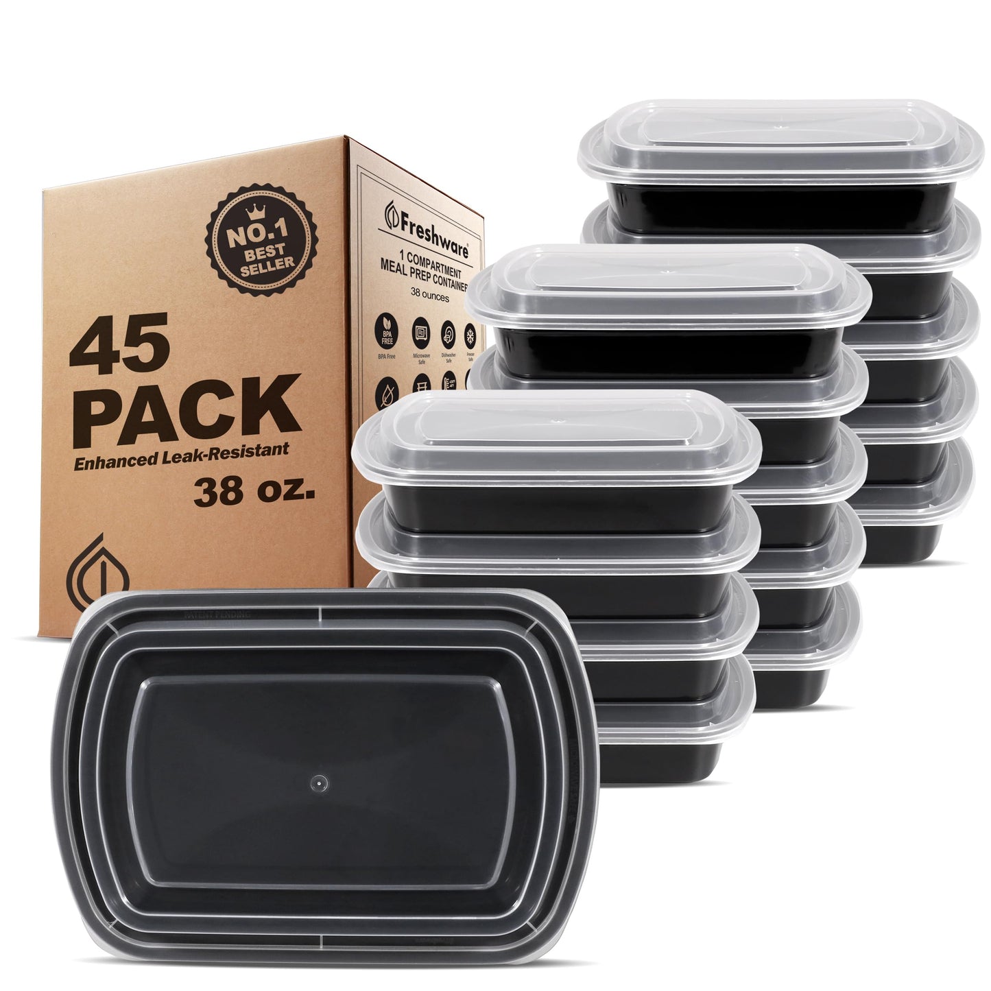 Freshware Meal Prep Containers [50 Pack] 1 Compartment with Lids, Food Storage Containers, Bento Box, BPA Free, Stackable, Microwave/Dishwasher/Freezer Safe (24 oz)