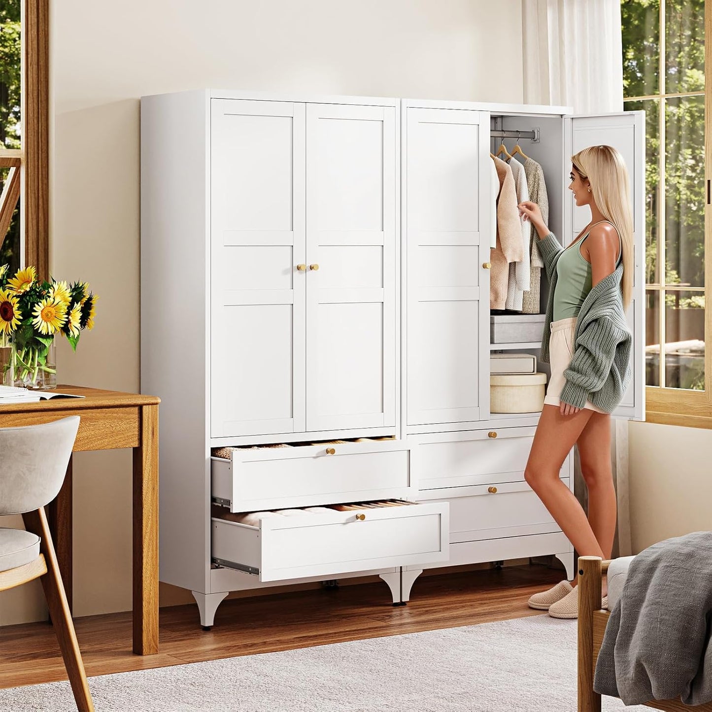 Letaya Metal Armoire Wardrobe Closet with Drawers,Clothing Storage Cabinet with Doors and Shelves,Coat Closet with Hanging Rod,Bedroom,Home,Cloak Room,White-71 H x 32" W x 18" D